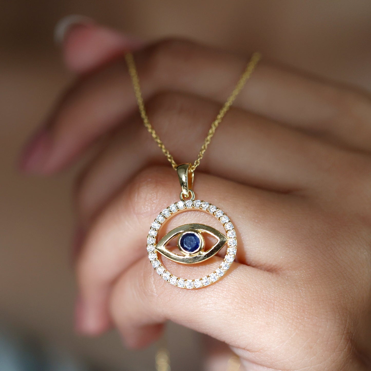 Blue Sapphire and Diamond Evil Eye Eternity Necklace