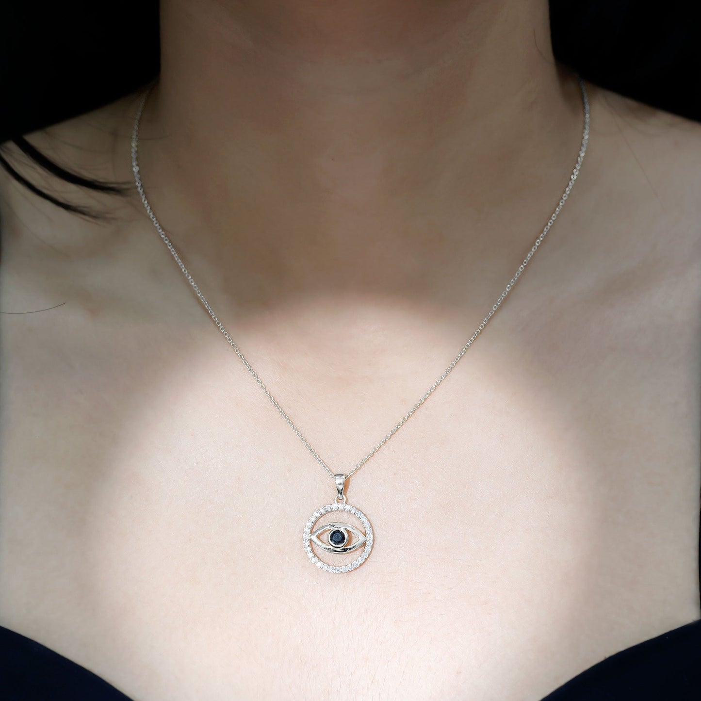 Black Onyx Evil Eye Pendant with Moissanite Eternity Circle