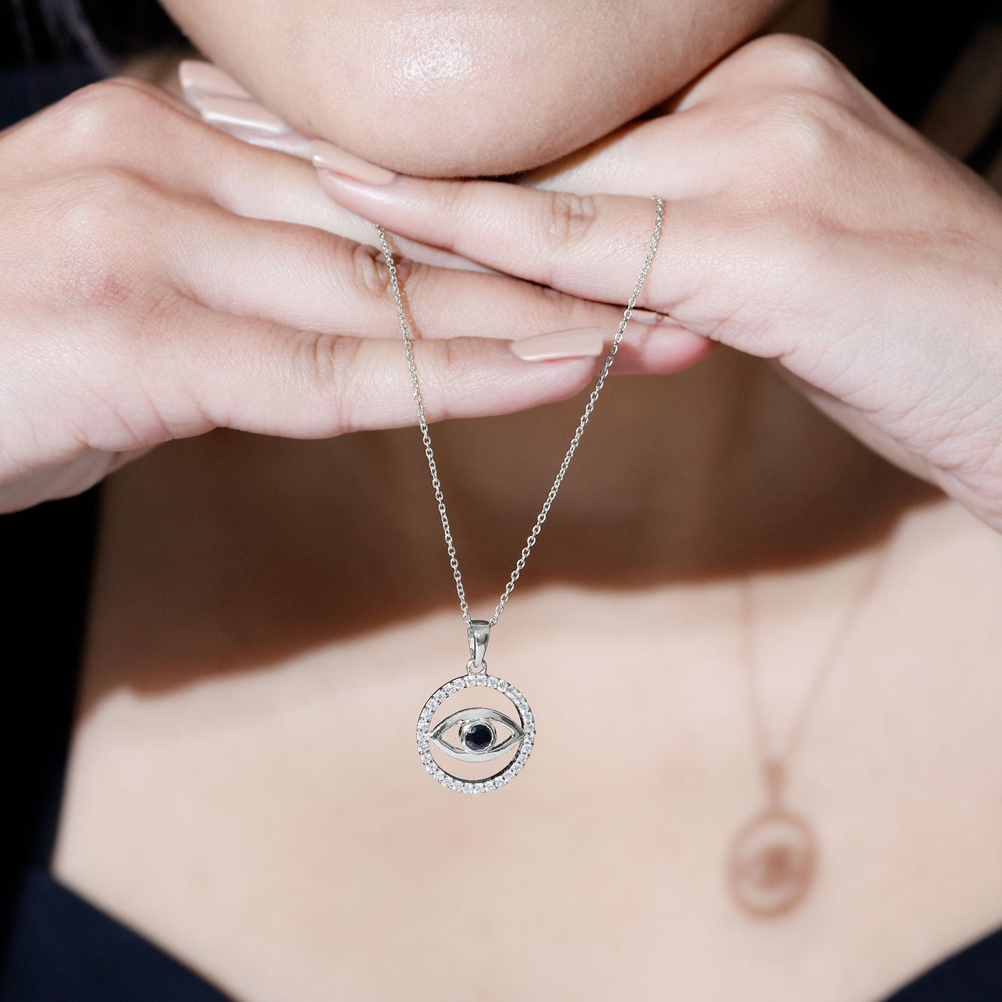 Black Onyx Evil Eye Pendant with Moissanite Eternity Circle