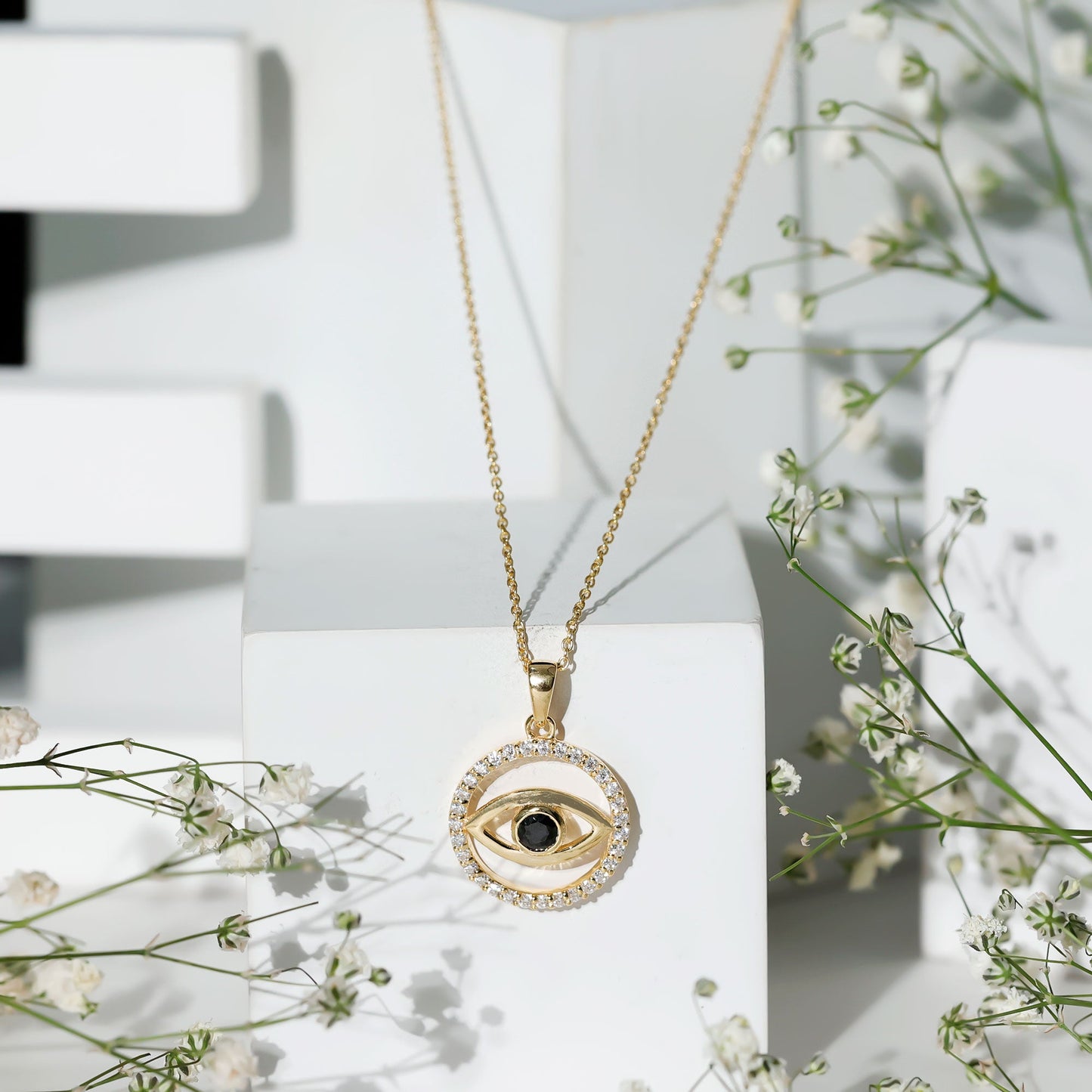 Black Onyx Evil Eye Pendant with Moissanite Eternity Circle