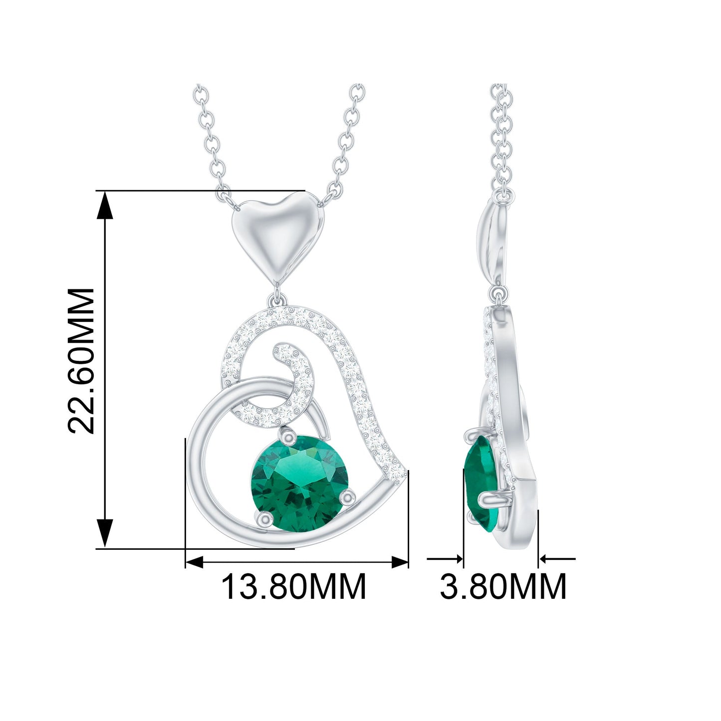 0.8 Carat Lab Created Emerald and Diamond Heart Drop Pendant