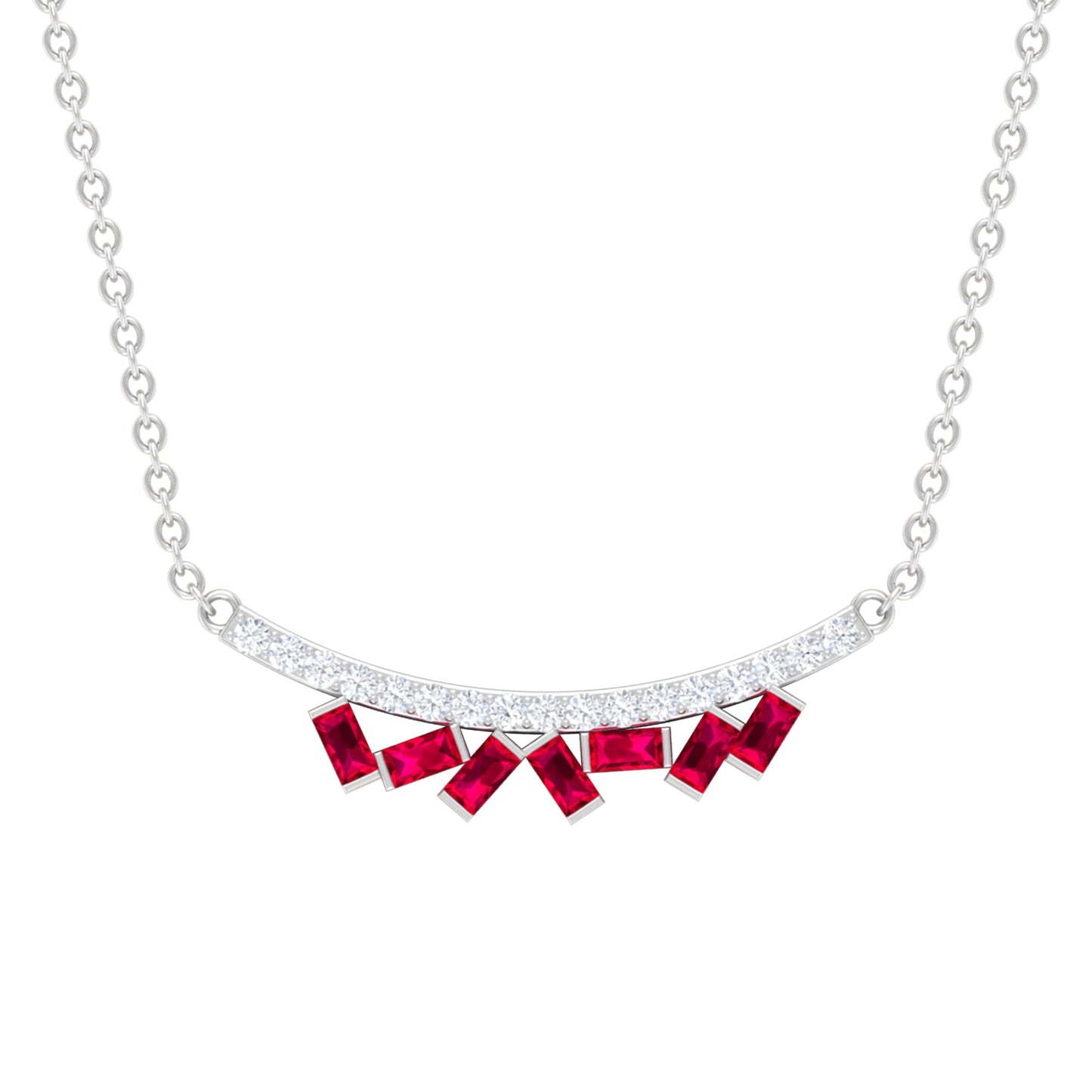 Baguette Cut Ruby Cluster Necklace with Diamond