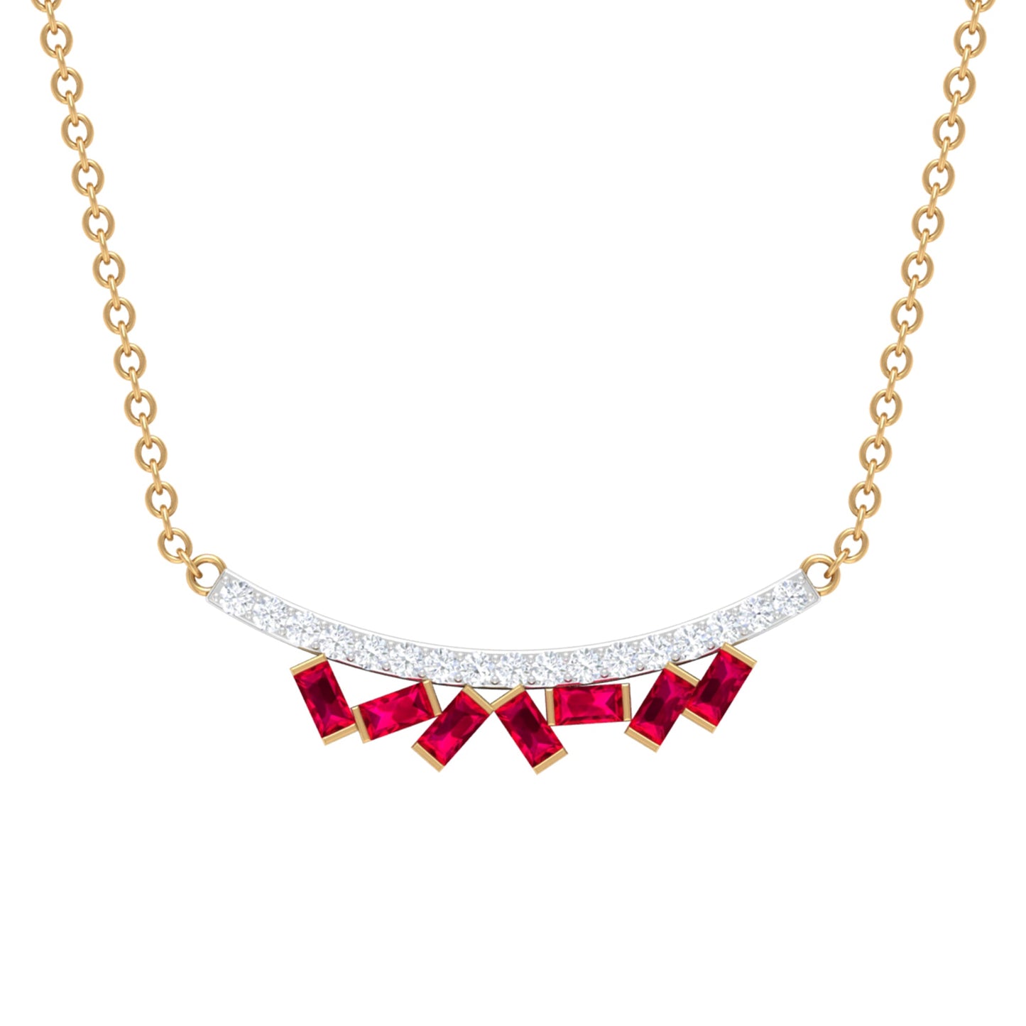 Baguette Cut Ruby Cluster Necklace with Diamond