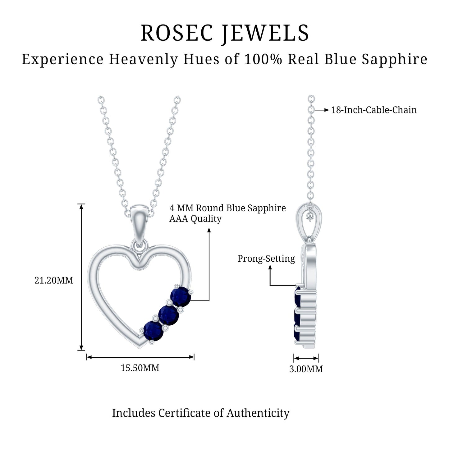 Natural Blue Sapphire Heart Pendant Necklace for Women