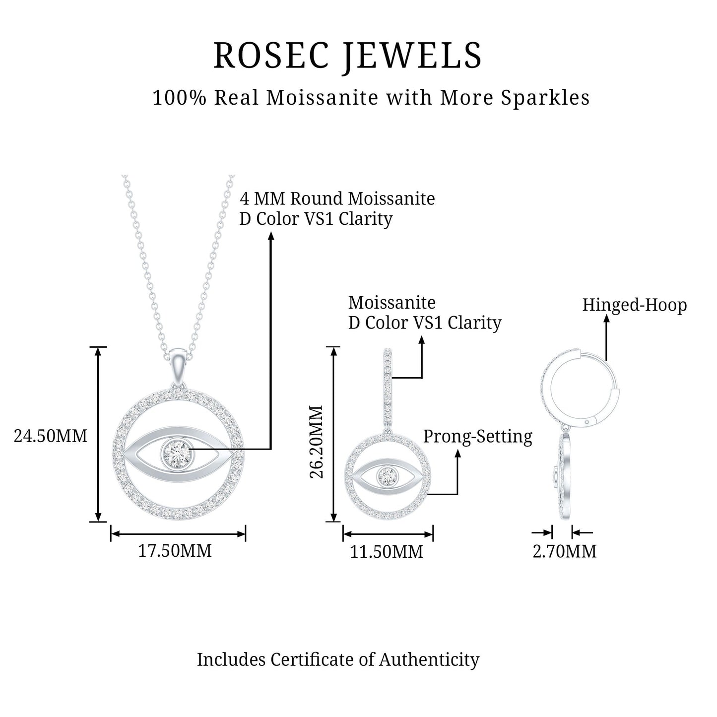Certified Moissanite Evil Eye Necklace and Earrings Set