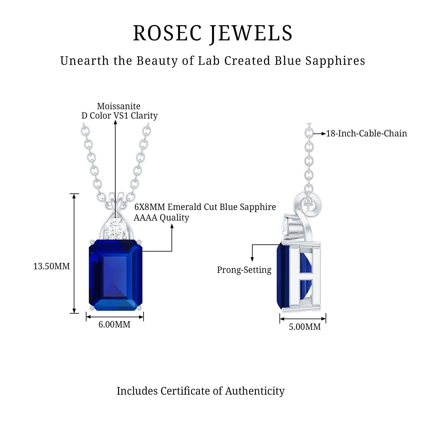 Certified Lab Created Blue Sapphire Emerald Cut Necklace with Chain