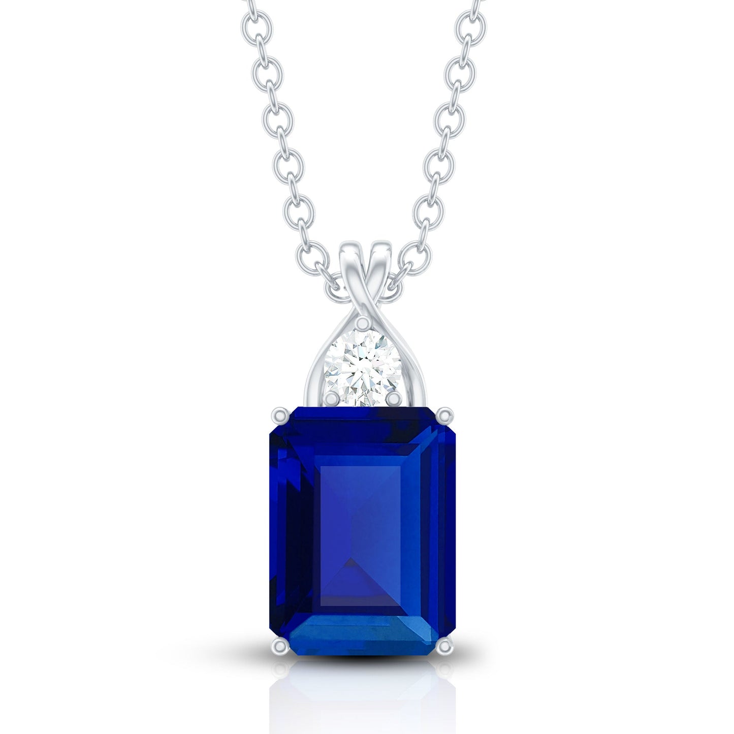 Certified Lab Created Blue Sapphire Emerald Cut Necklace with Chain