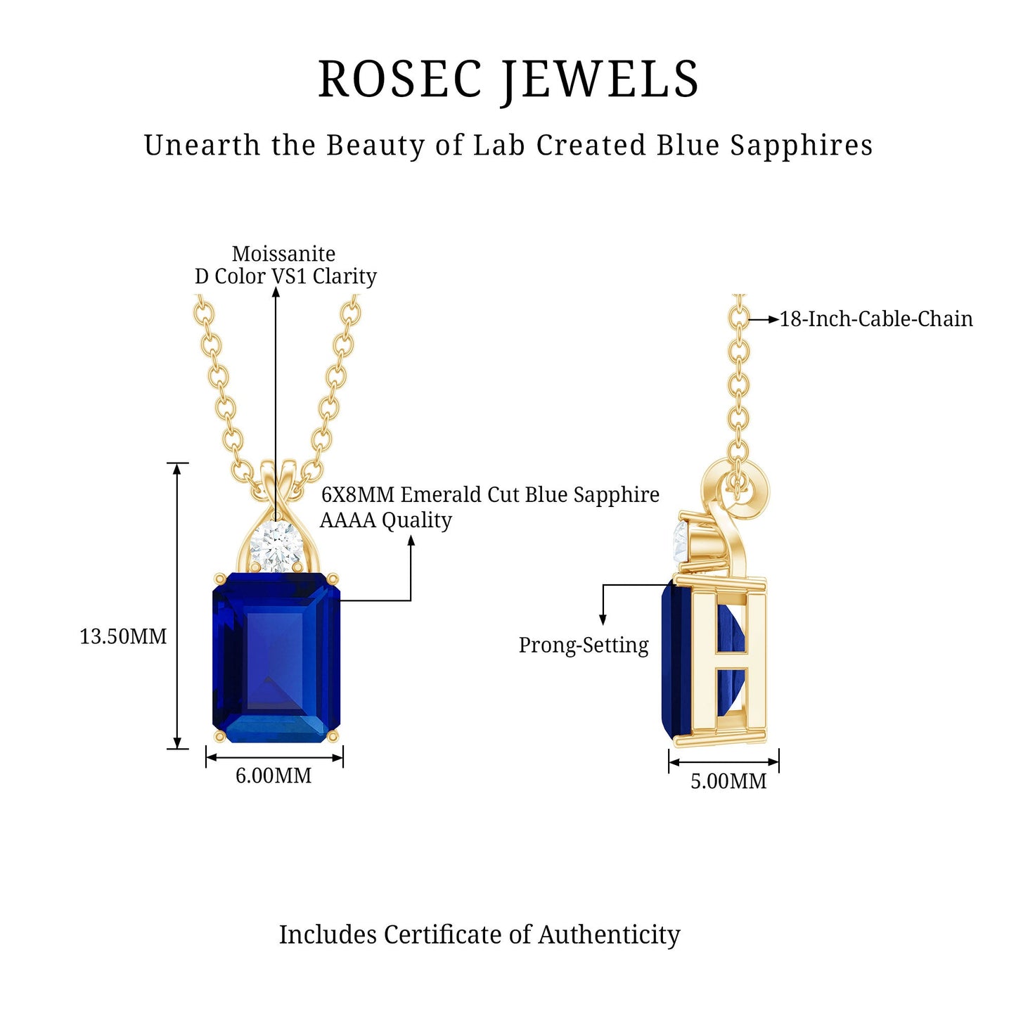Certified Lab Created Blue Sapphire Emerald Cut Necklace with Chain