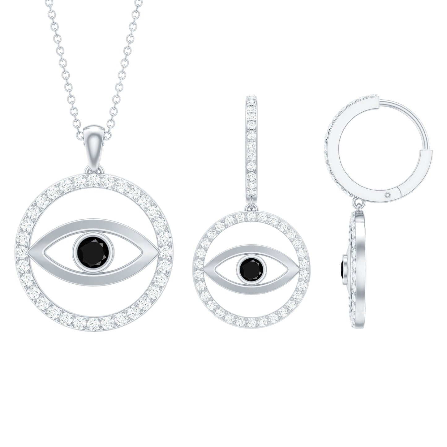 Black Onyx Evil Eye Necklace and Earrings Set with Certificate