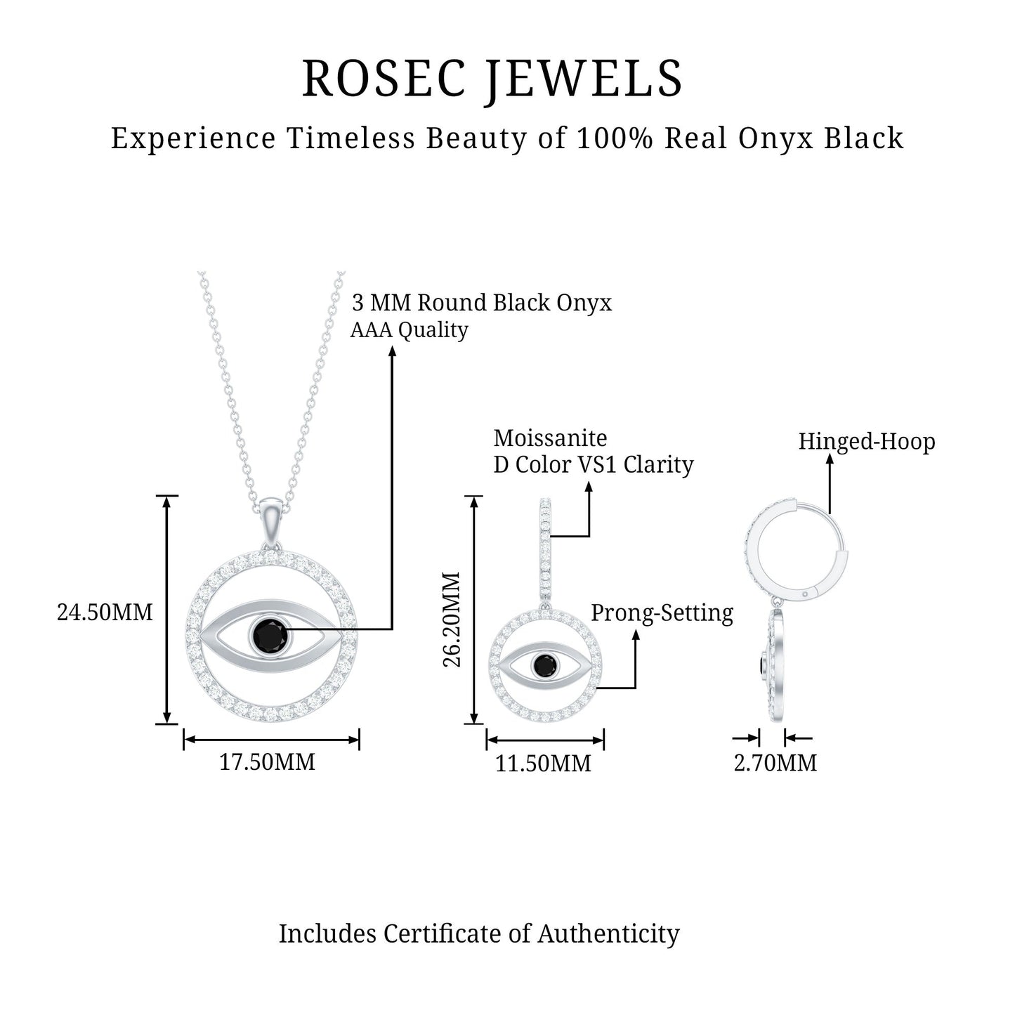 Black Onyx Evil Eye Necklace and Earrings Set with Certificate