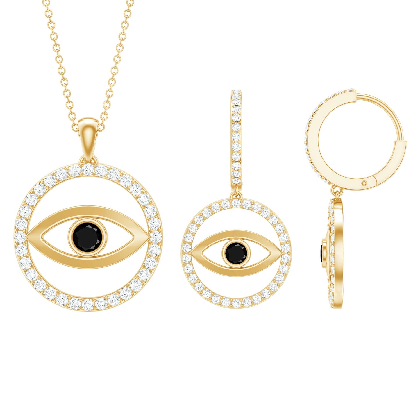 Black Onyx Evil Eye Necklace and Earrings Set with Certificate