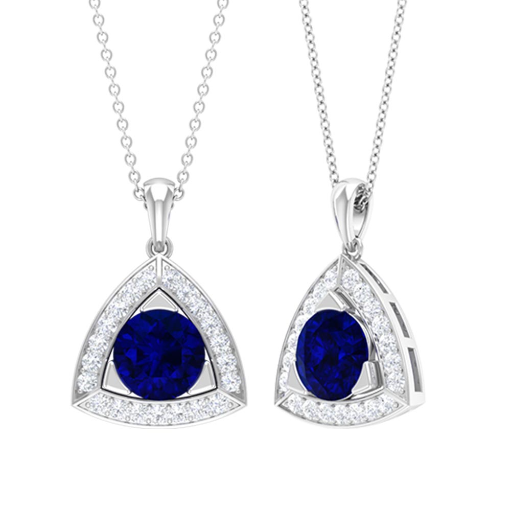 Created Blue Sapphire Triangle Pendant with Diamond Halo