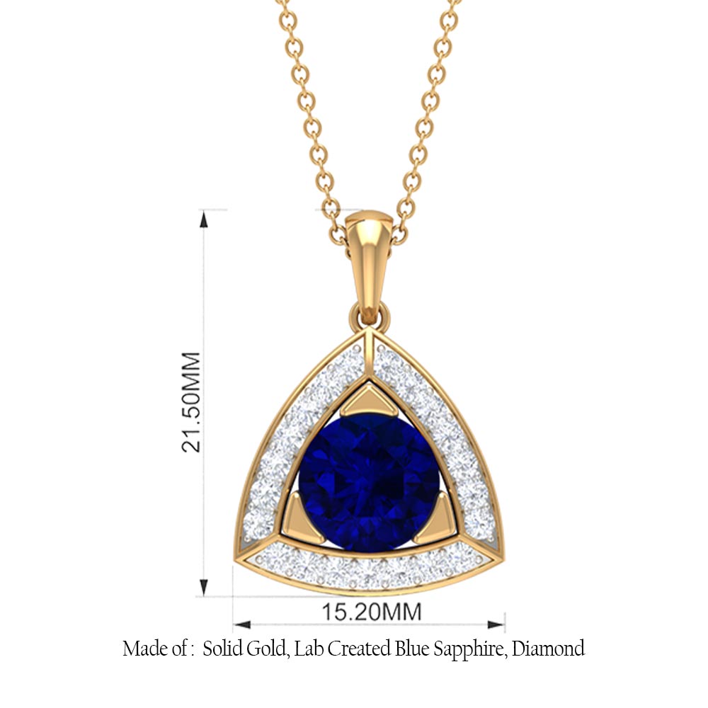 Created Blue Sapphire Triangle Pendant with Diamond Halo