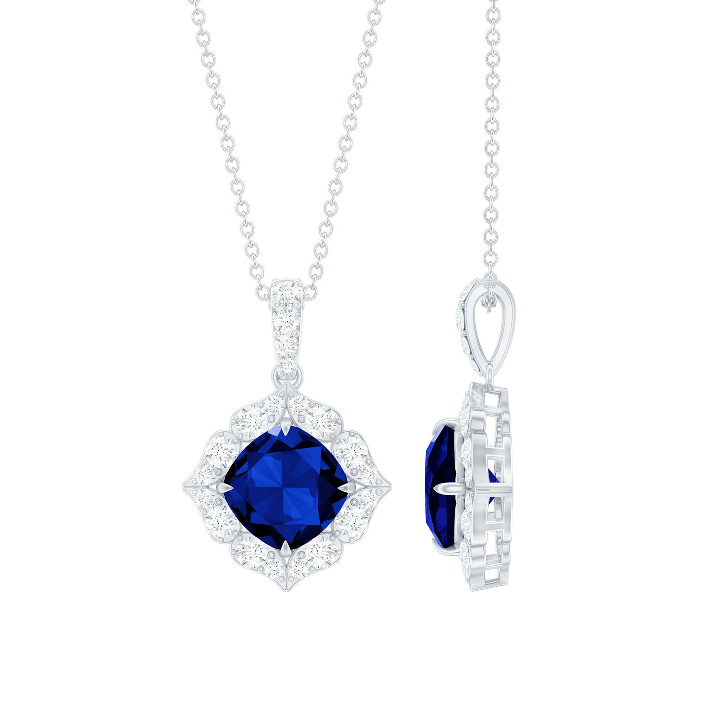 Vintage Inspired Lab Grown Blue Sapphire and Diamond Necklace