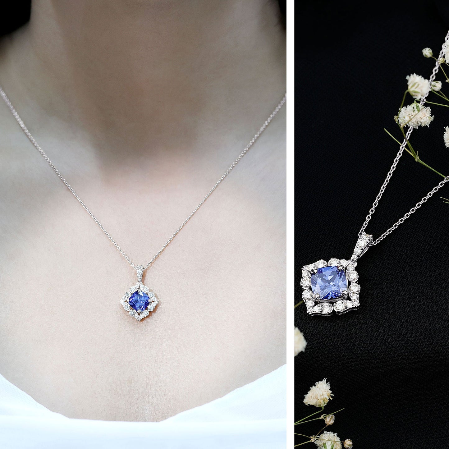 Vintage Inspired Lab Grown Blue Sapphire and Diamond Necklace