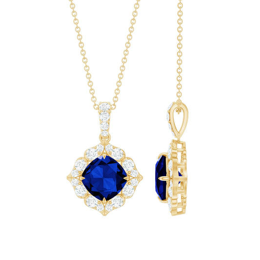 Vintage Inspired Lab Grown Blue Sapphire and Diamond Necklace