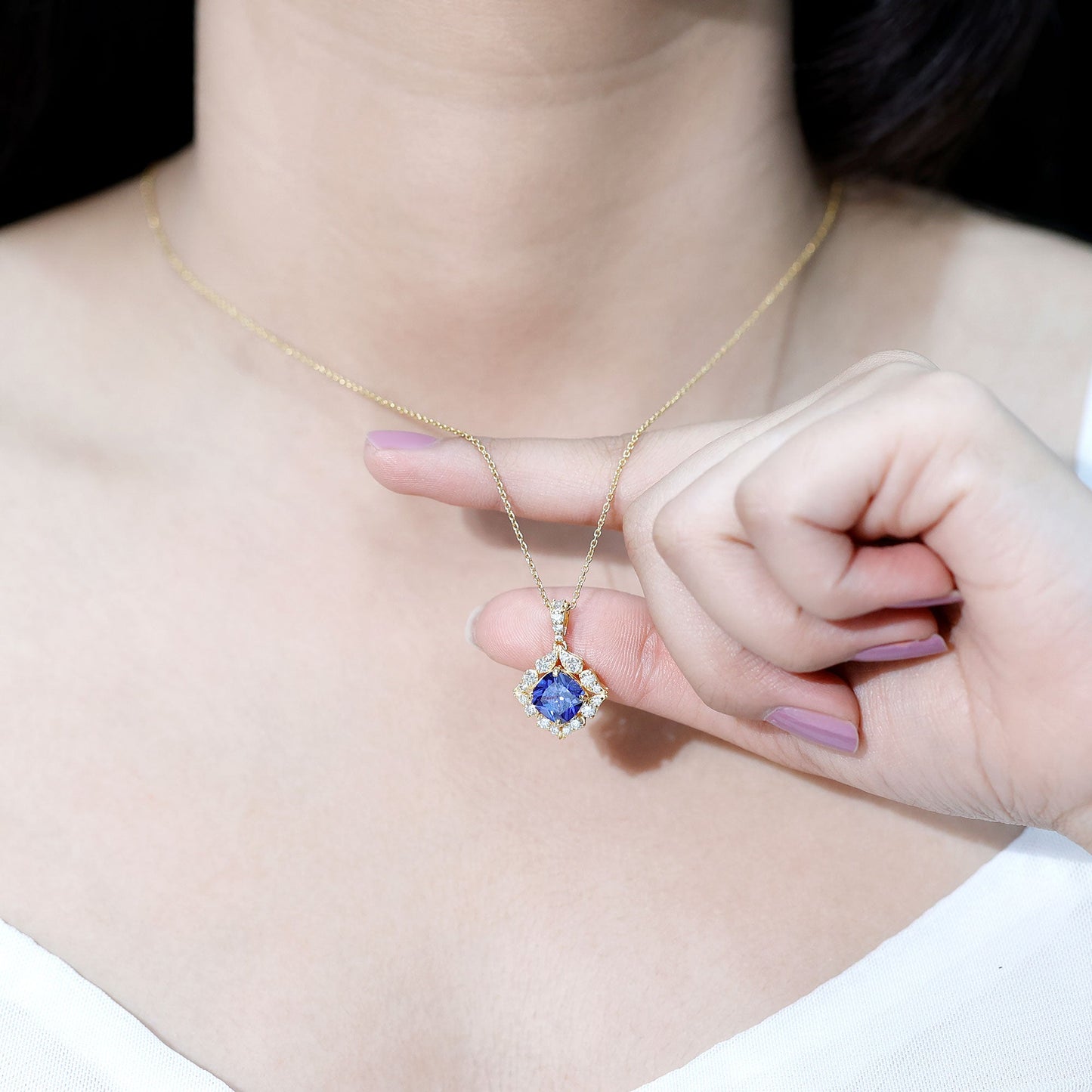 Vintage Inspired Lab Grown Blue Sapphire and Diamond Necklace