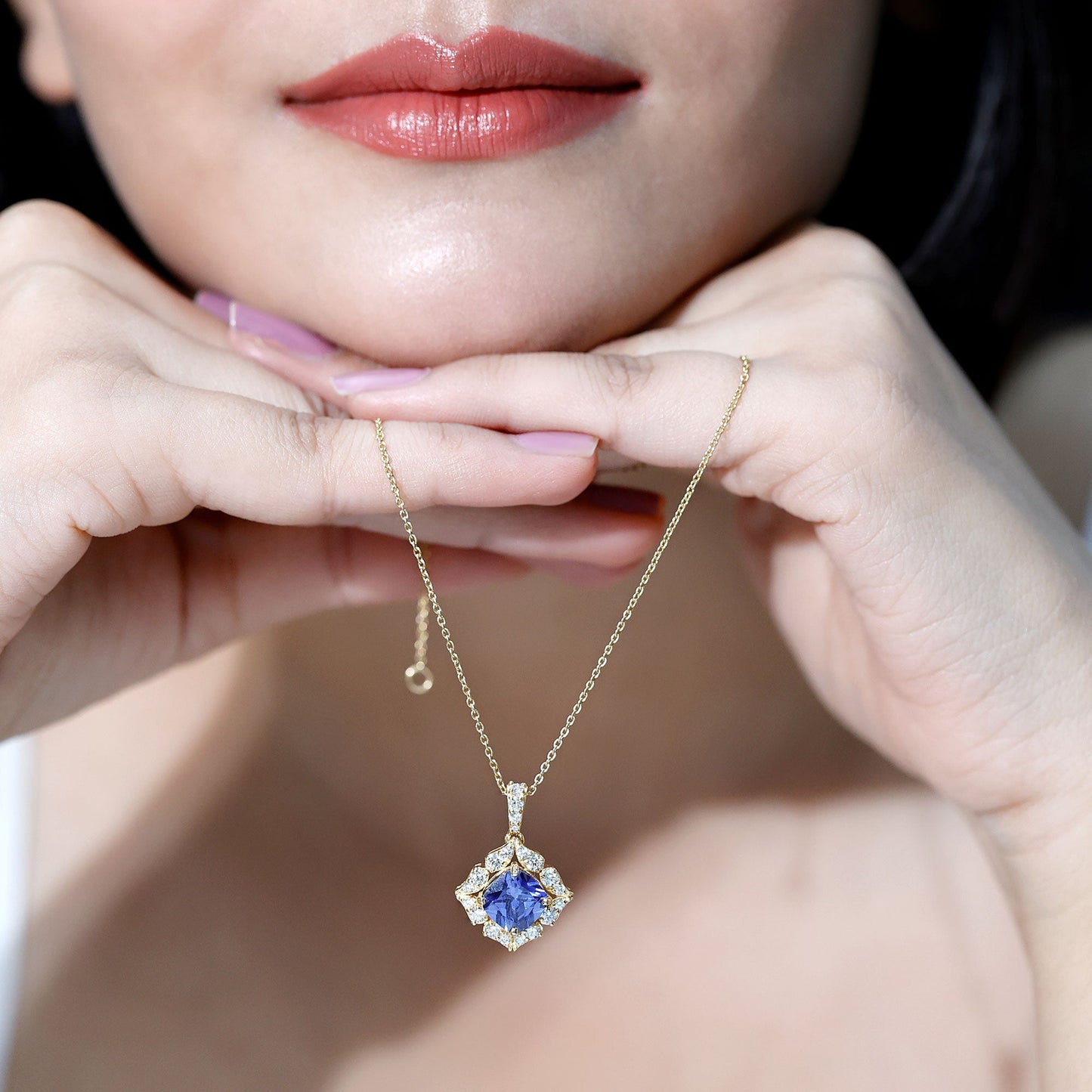 Vintage Inspired Lab Grown Blue Sapphire and Diamond Necklace