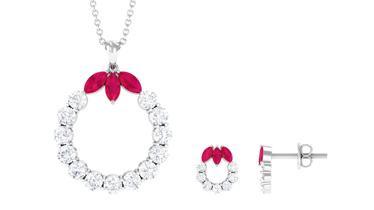 Certified Lab Created Ruby and Moissanite Eternity Necklace and Earrings Set