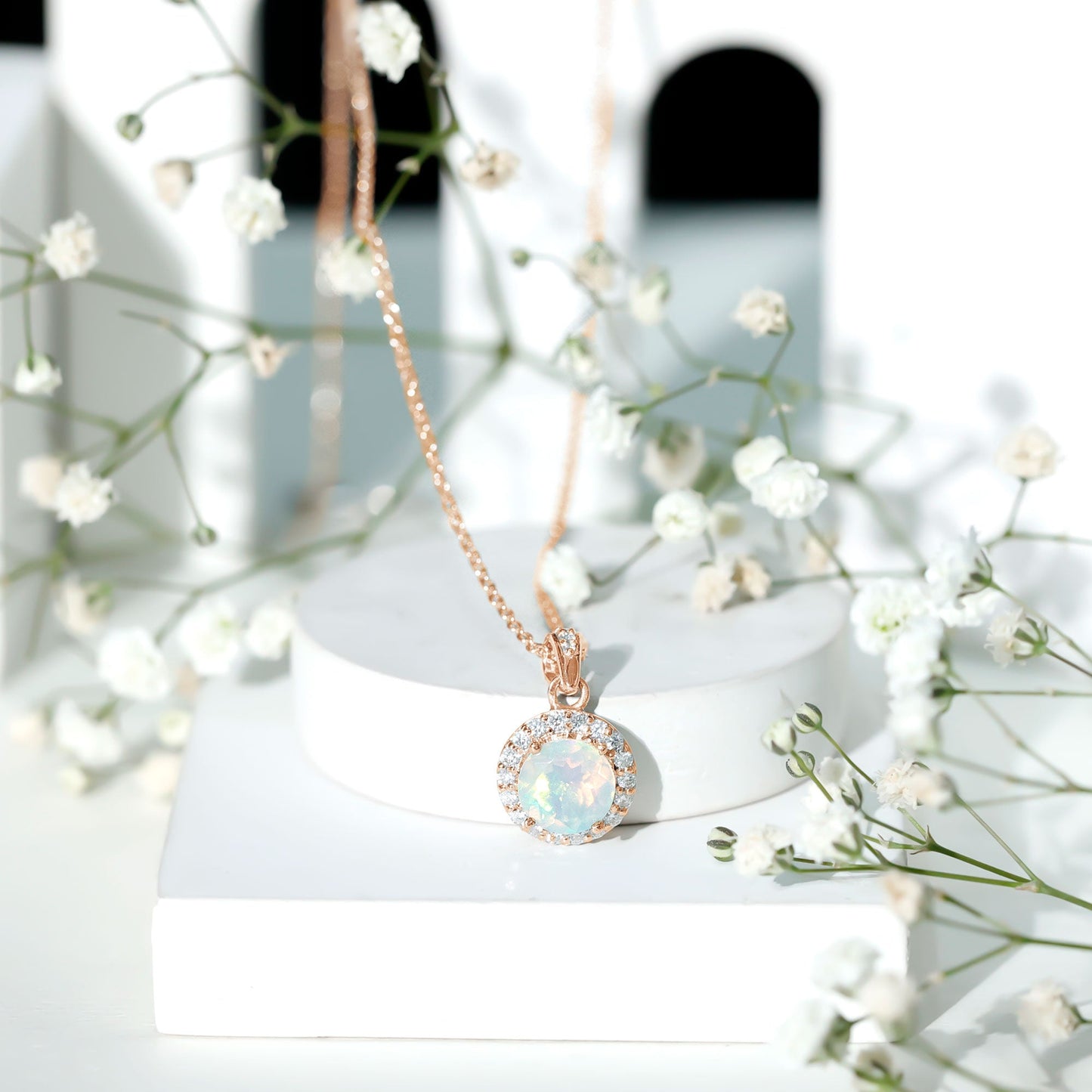 Real Ethiopian Opal Necklace With Moissanite Halo