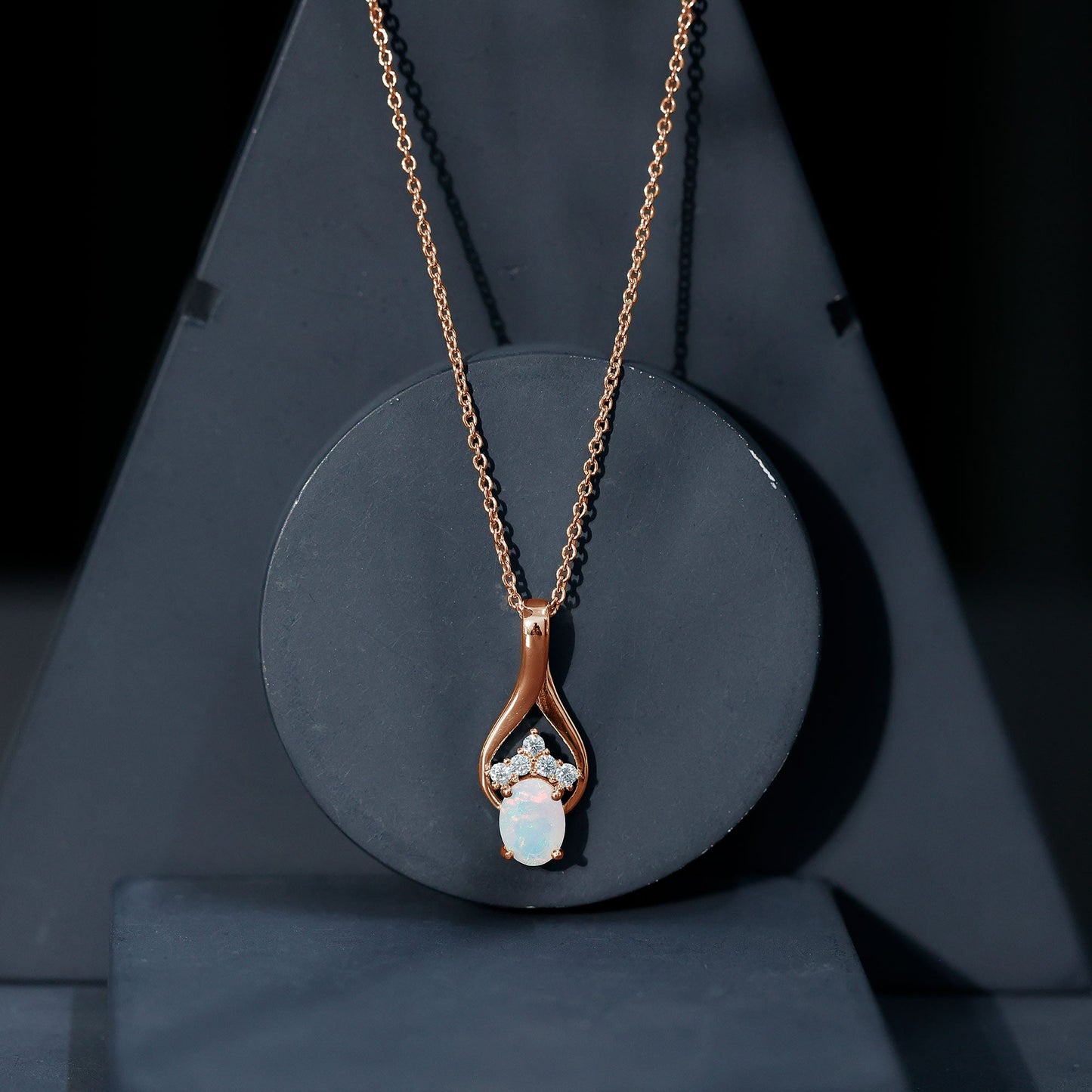 Natural Oval Ethiopian Opal and Moissanite Teardrop Necklace With Chain