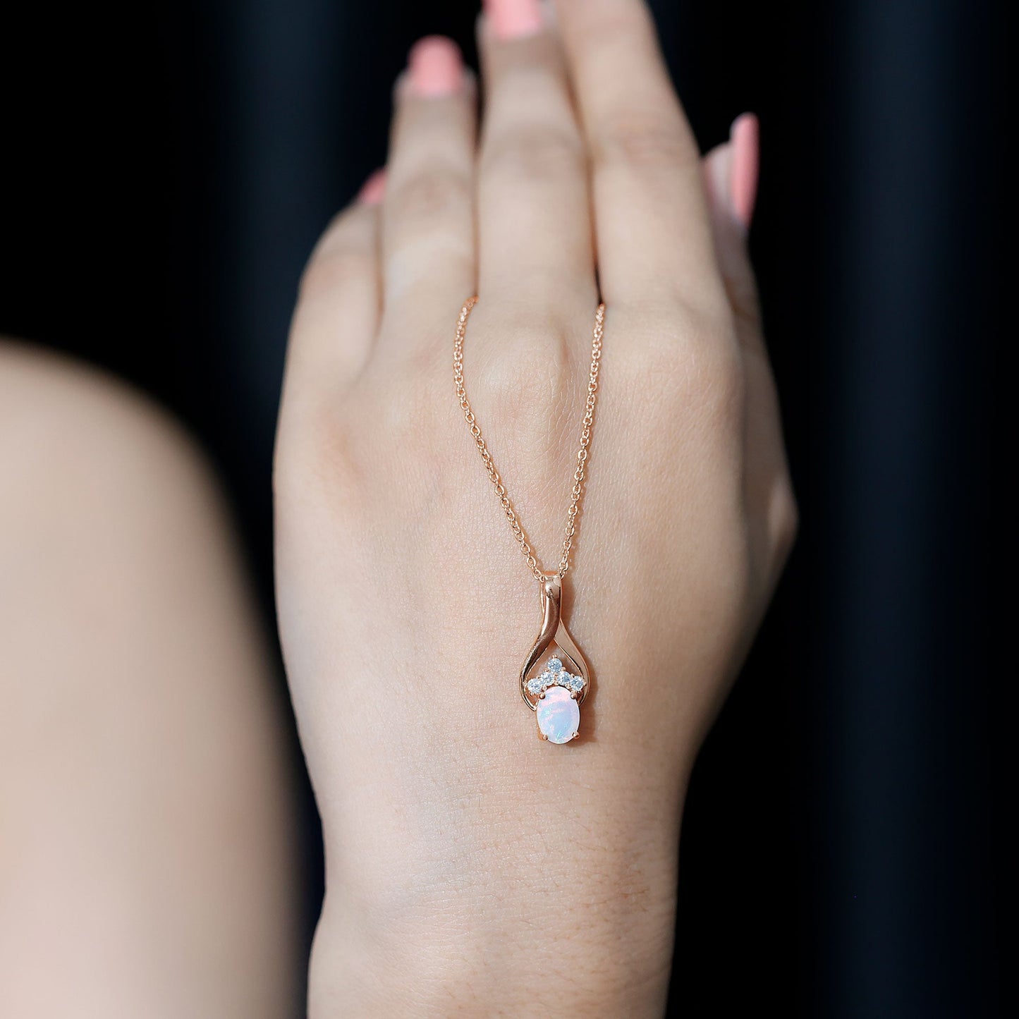 Natural Oval Ethiopian Opal and Moissanite Teardrop Necklace With Chain