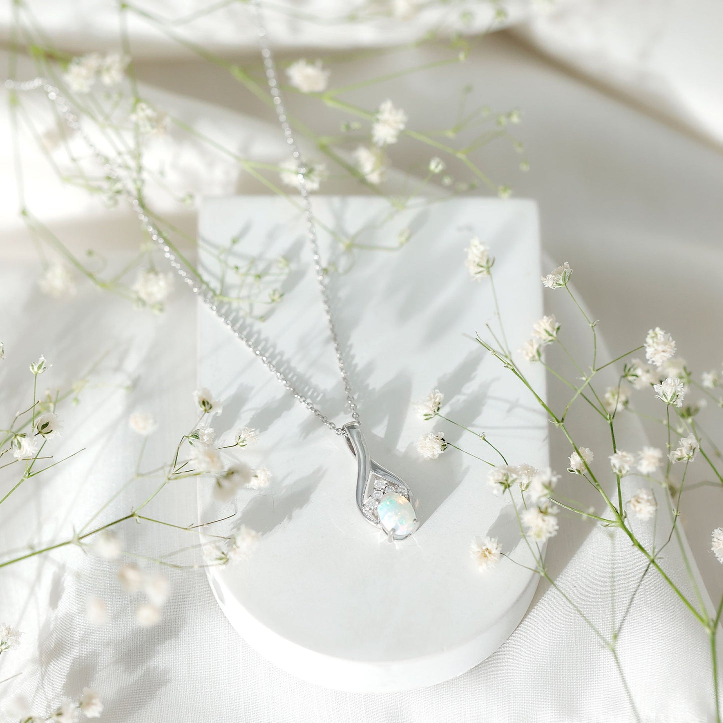 Natural Oval Ethiopian Opal and Moissanite Teardrop Necklace With Chain