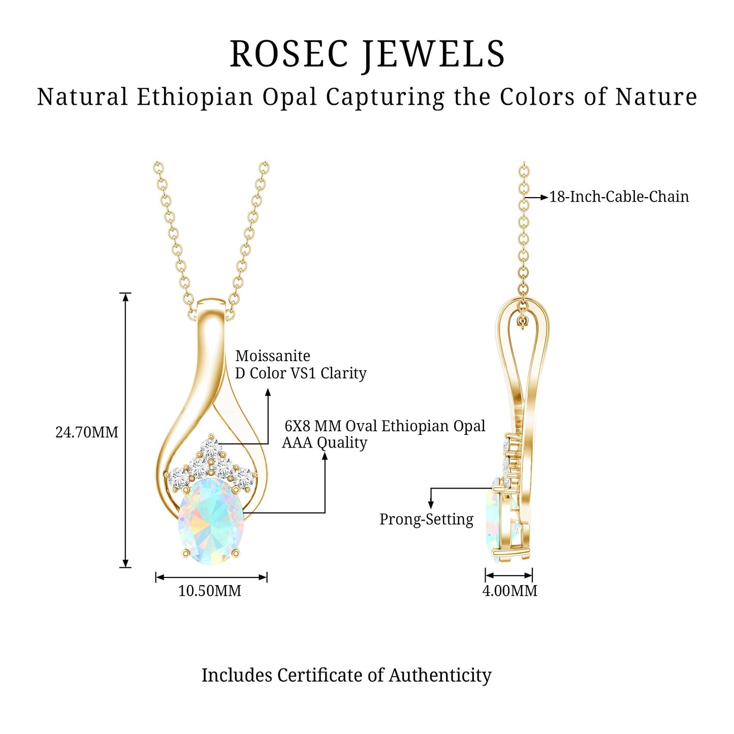 Natural Oval Ethiopian Opal and Moissanite Teardrop Necklace With Chain