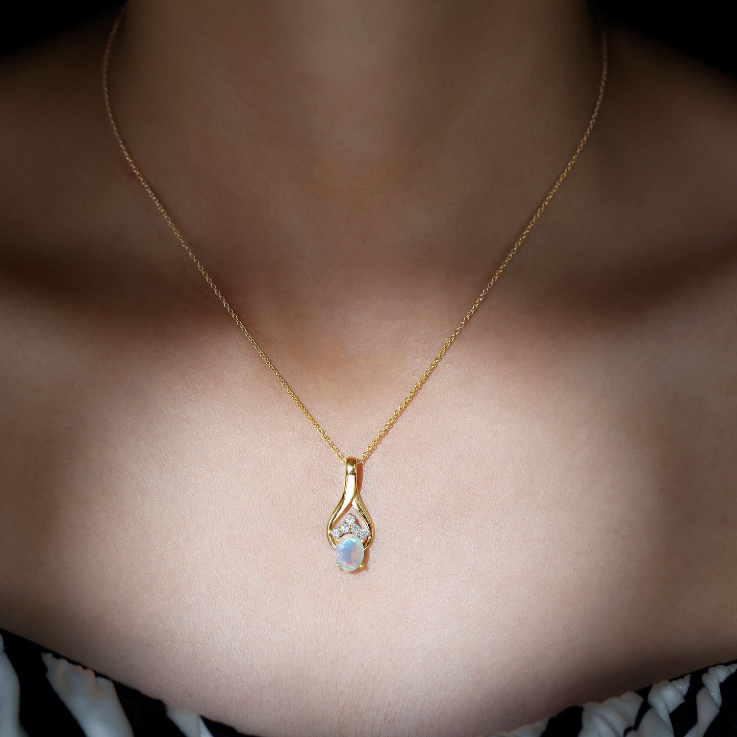 Natural Oval Ethiopian Opal and Moissanite Teardrop Necklace With Chain