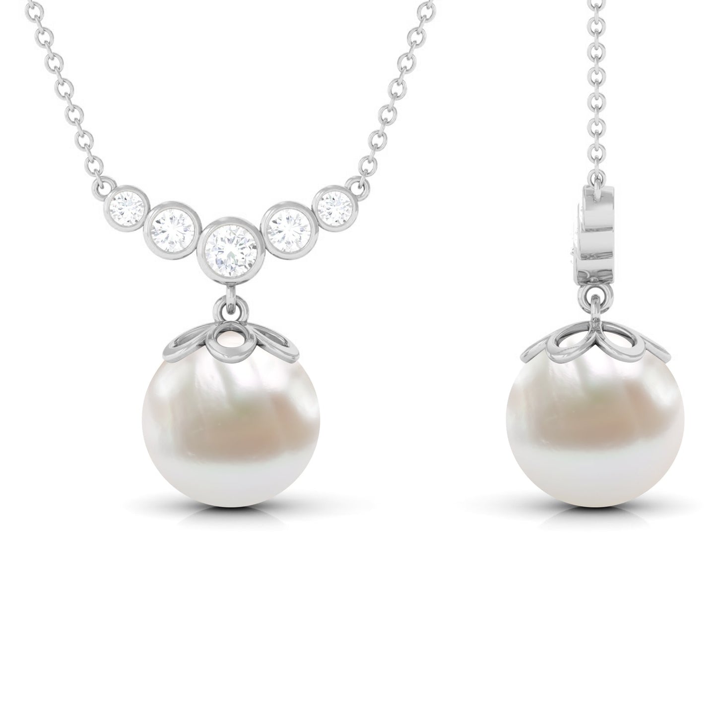 Round Freshwater Pearl Designer Necklace with Bezel Set Diamond