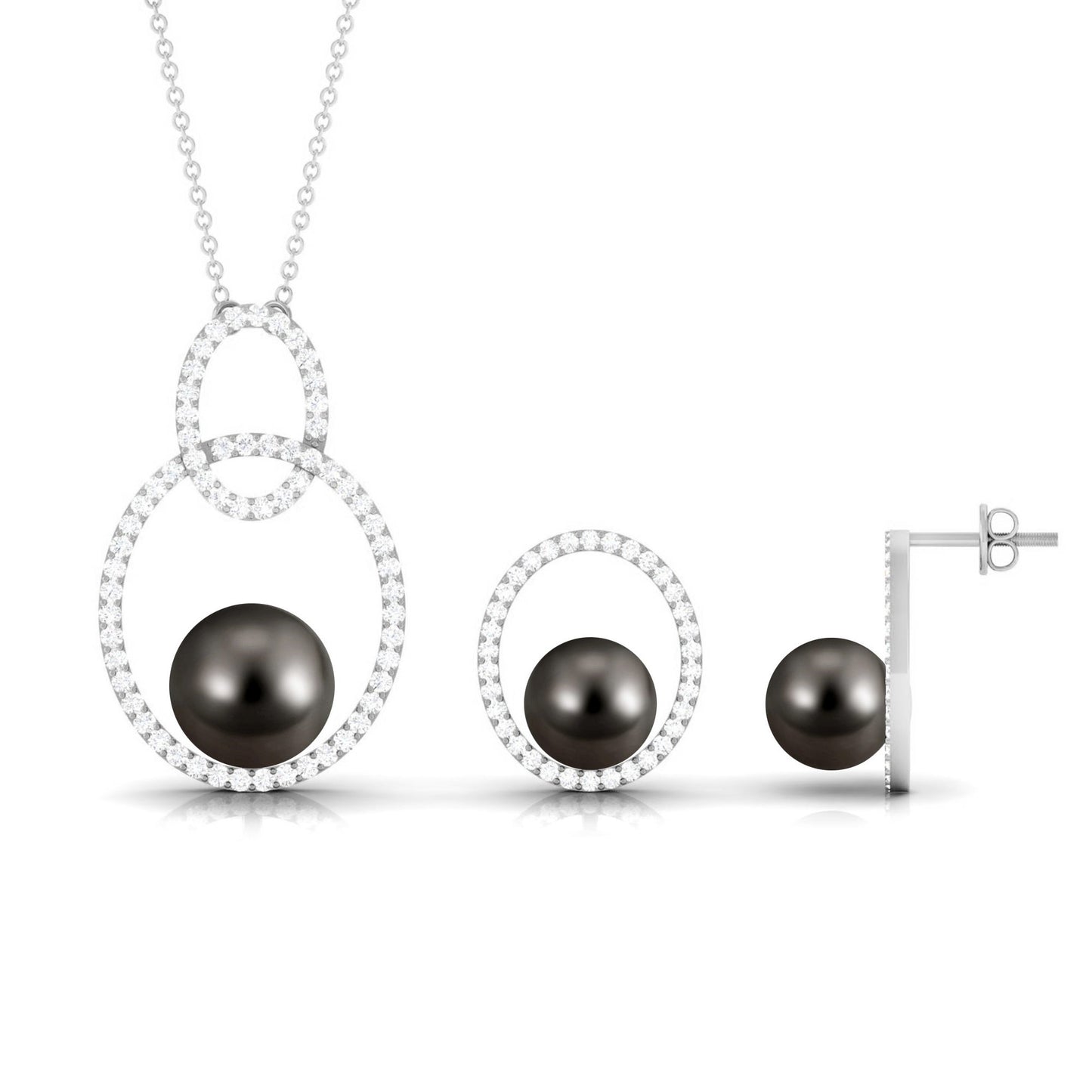 Open Oval Shape Necklace Earrings Set with Round Tahitian Pearl and Moissanite