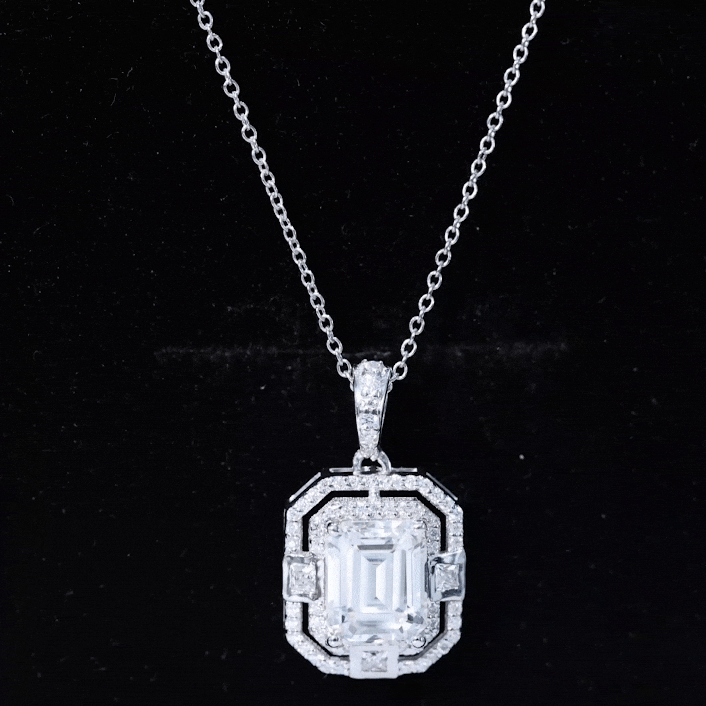 Vintage Style Emerald Cut Moissanite Halo Pendant Necklace