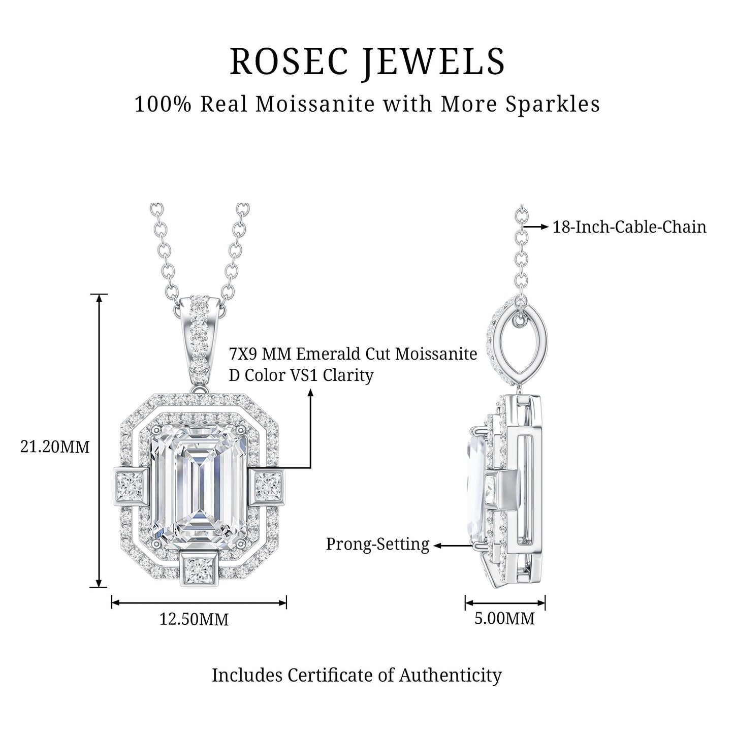 Vintage Style Emerald Cut Moissanite Halo Pendant Necklace