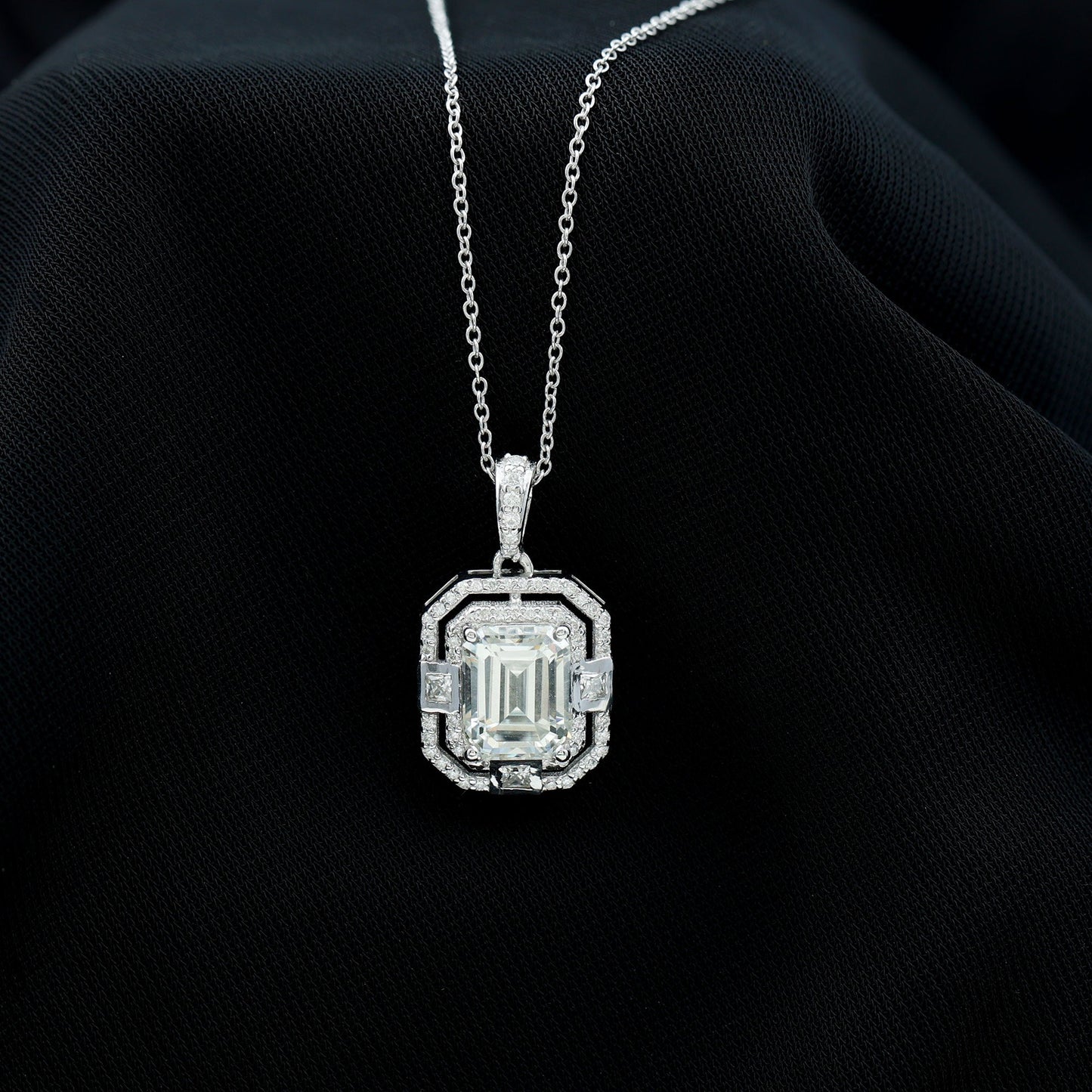 Vintage Style Emerald Cut Moissanite Halo Pendant Necklace