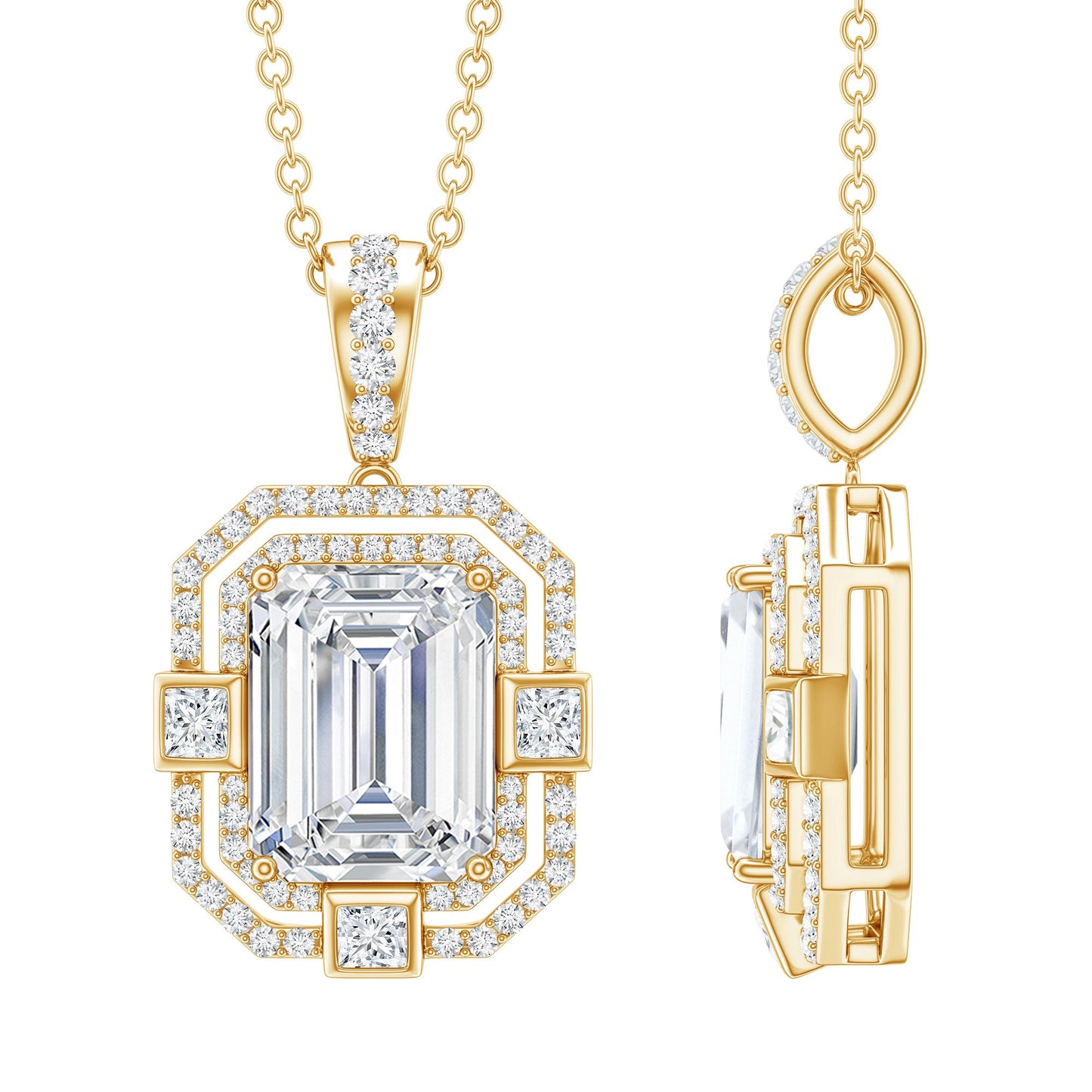 Vintage Style Emerald Cut Moissanite Halo Pendant Necklace