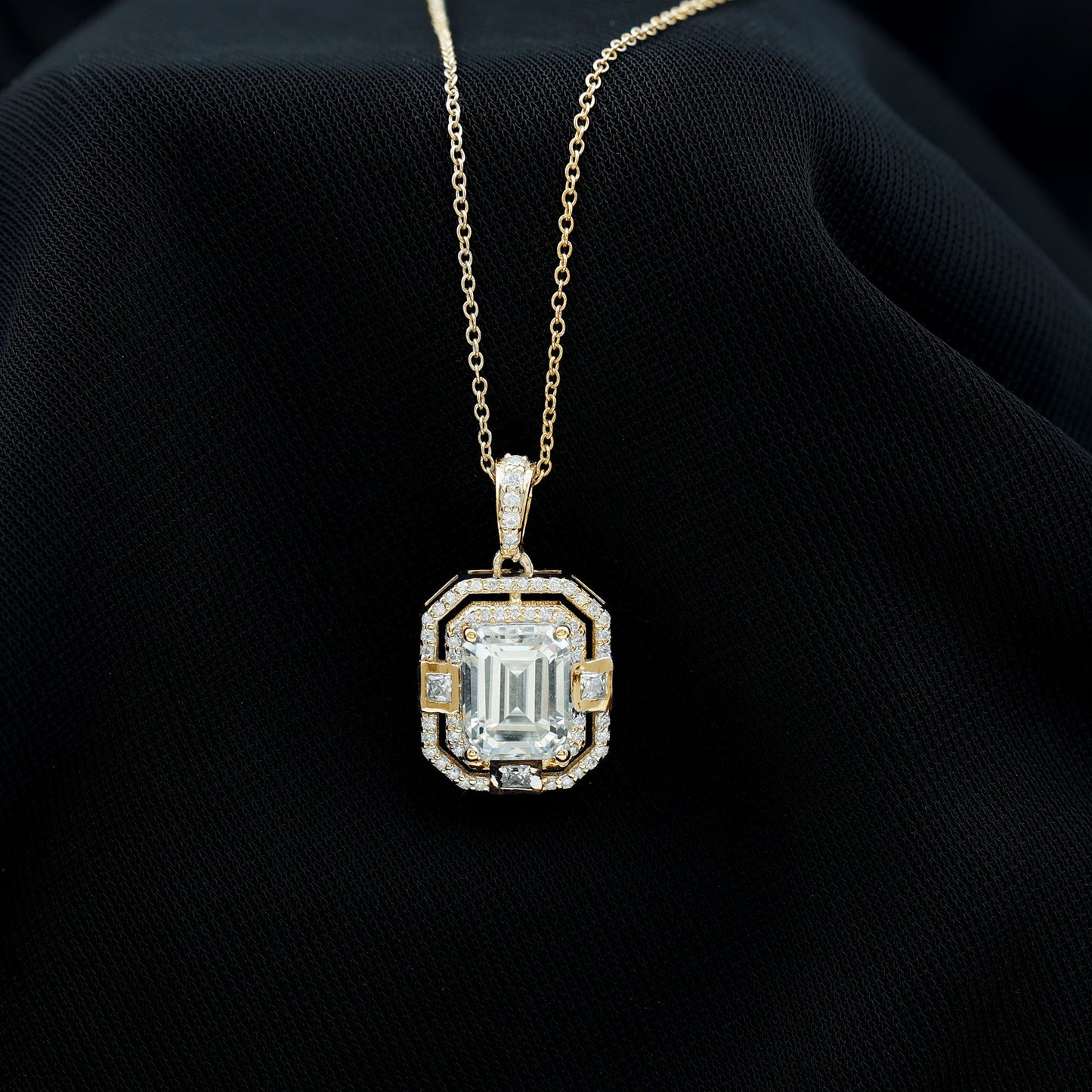 Vintage Style Emerald Cut Moissanite Halo Pendant Necklace