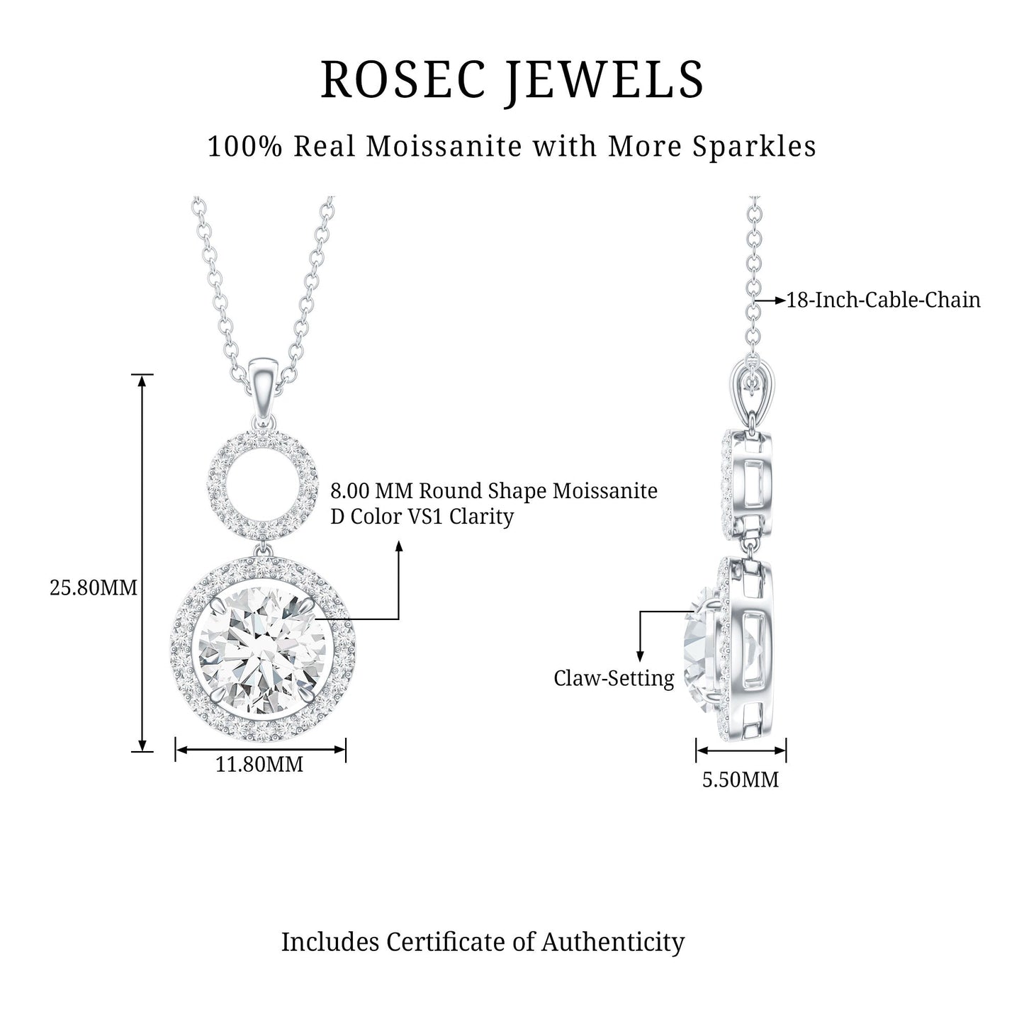 2 Carat Round Moissanite Wedding Dangle Necklace with Halo