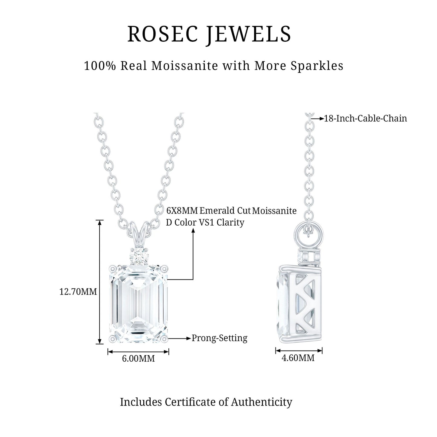 1.8 Carat Solitaire Moissanite Emerald Cut Pendant Necklace