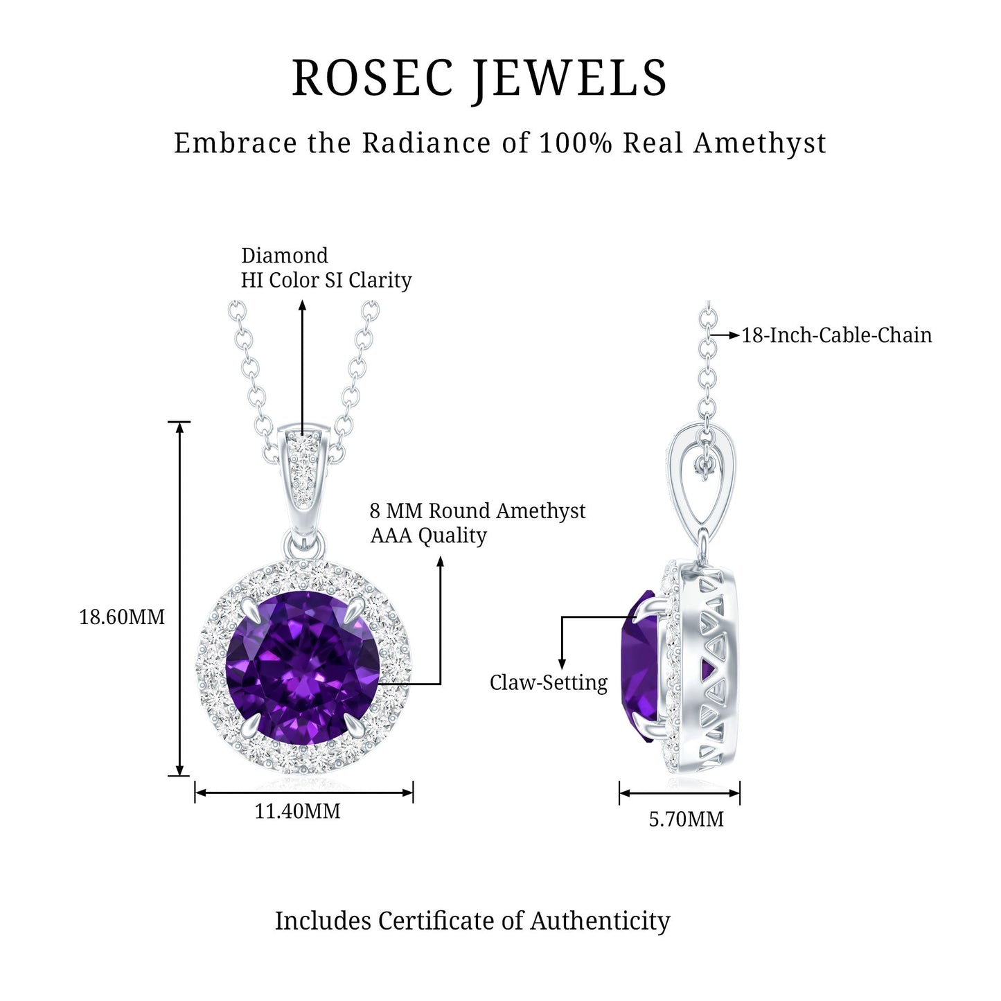 Natural 2 Carat Amethyst Pendant Necklace with Diamond Halo
