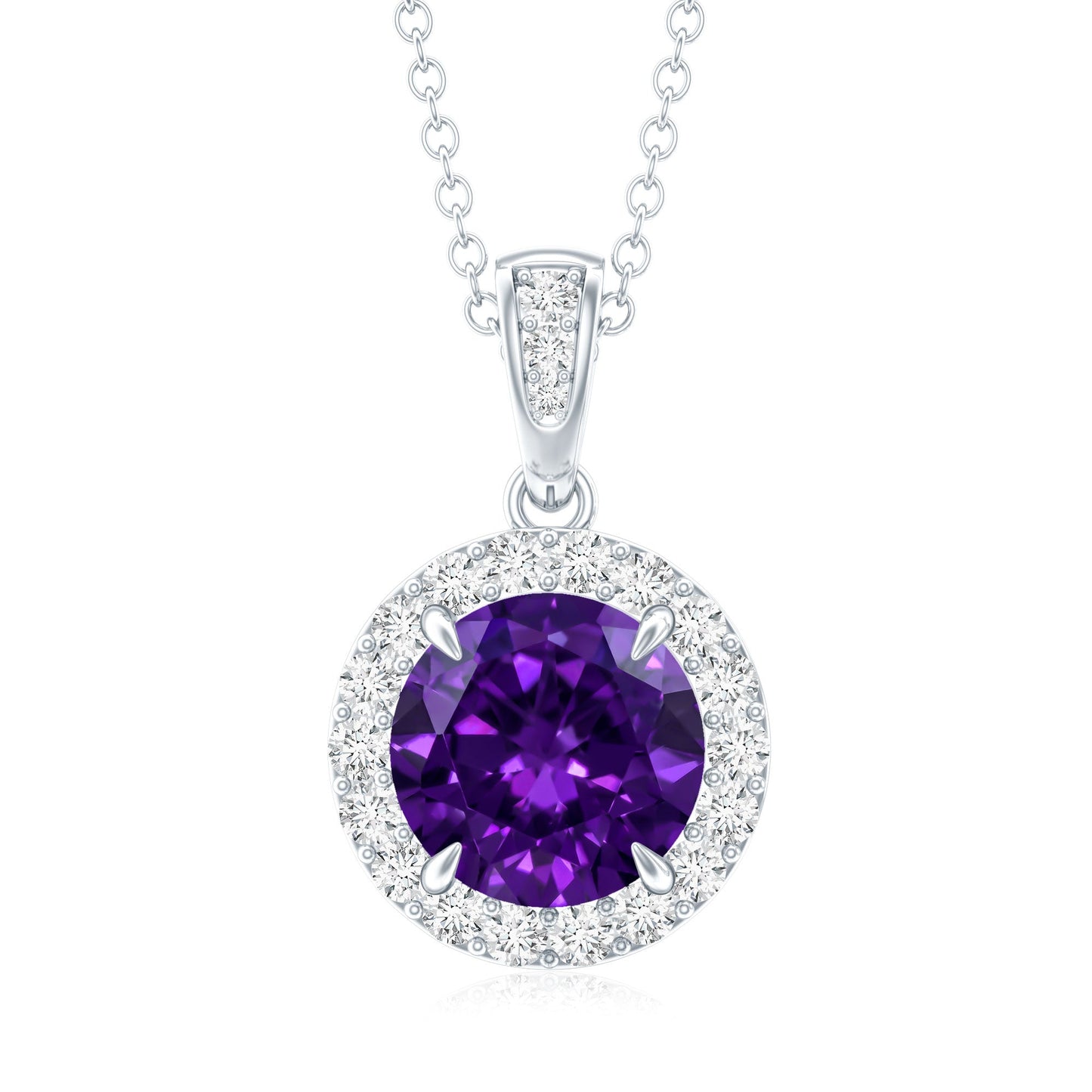 Natural 2 Carat Amethyst Pendant Necklace with Diamond Halo