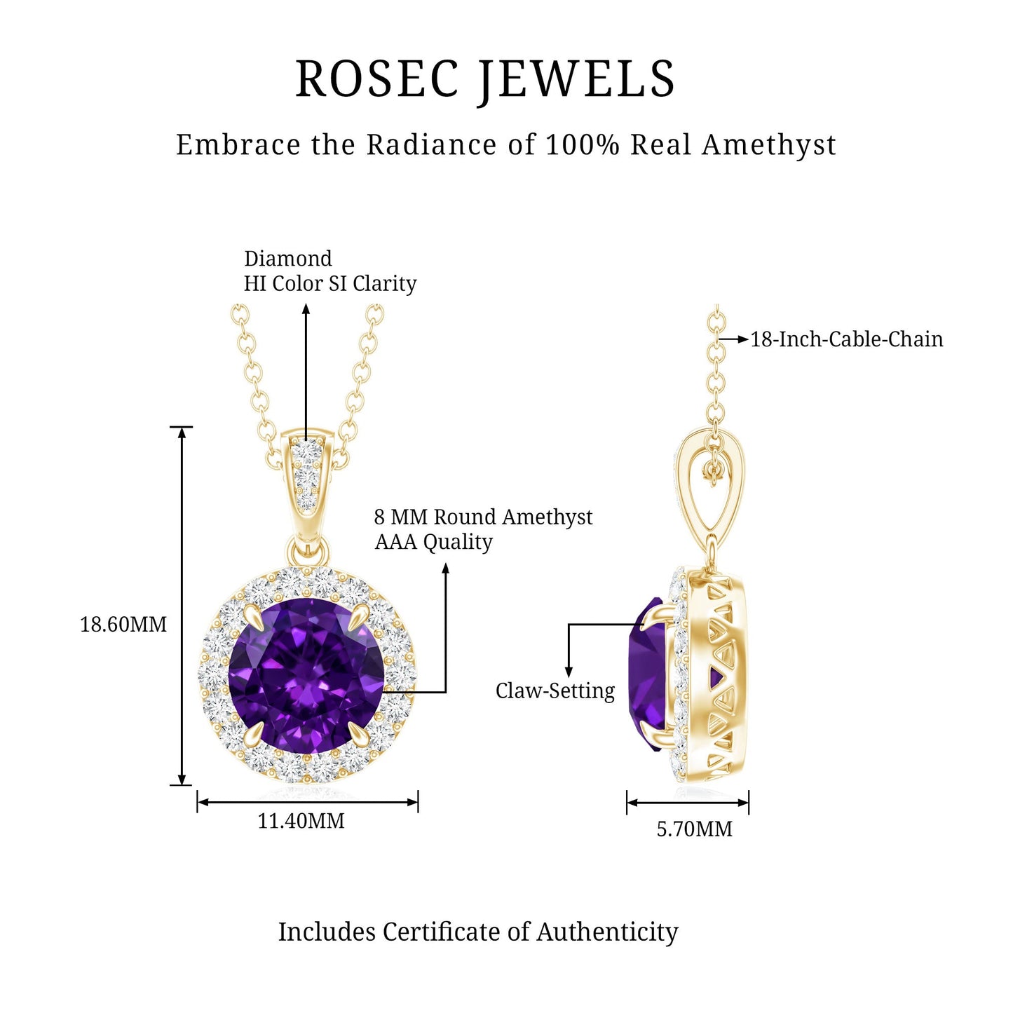 Natural 2 Carat Amethyst Pendant Necklace with Diamond Halo