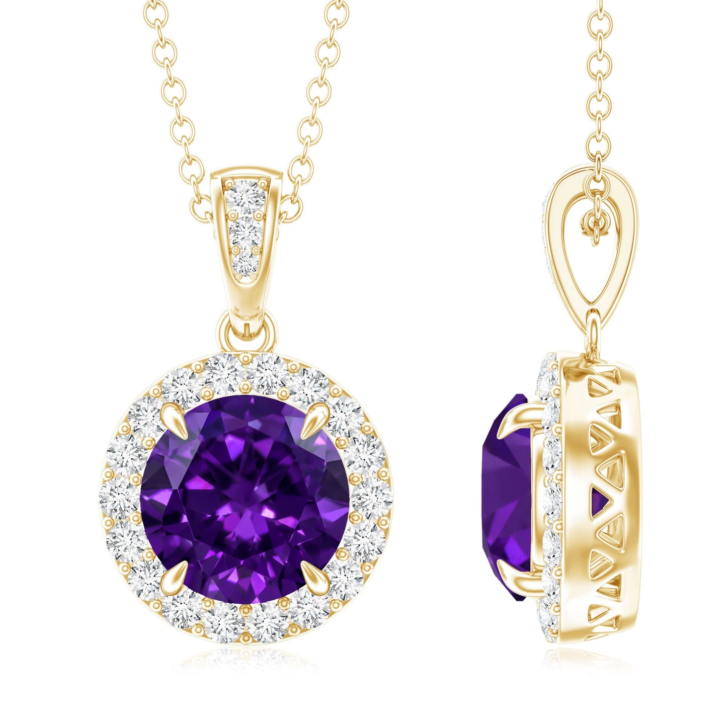 Natural 2 Carat Amethyst Pendant Necklace with Diamond Halo