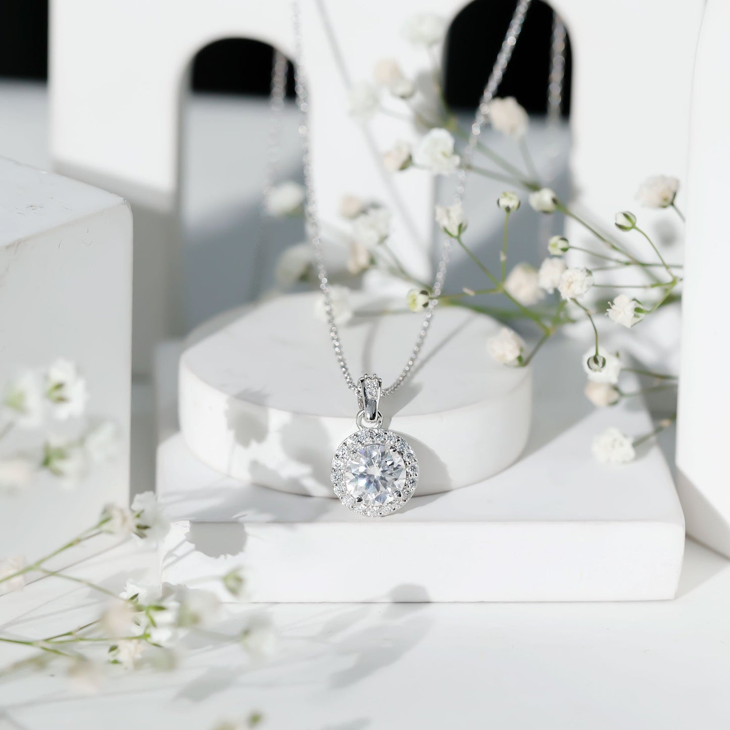 Round Moissanite Classic Halo Pendant Necklace