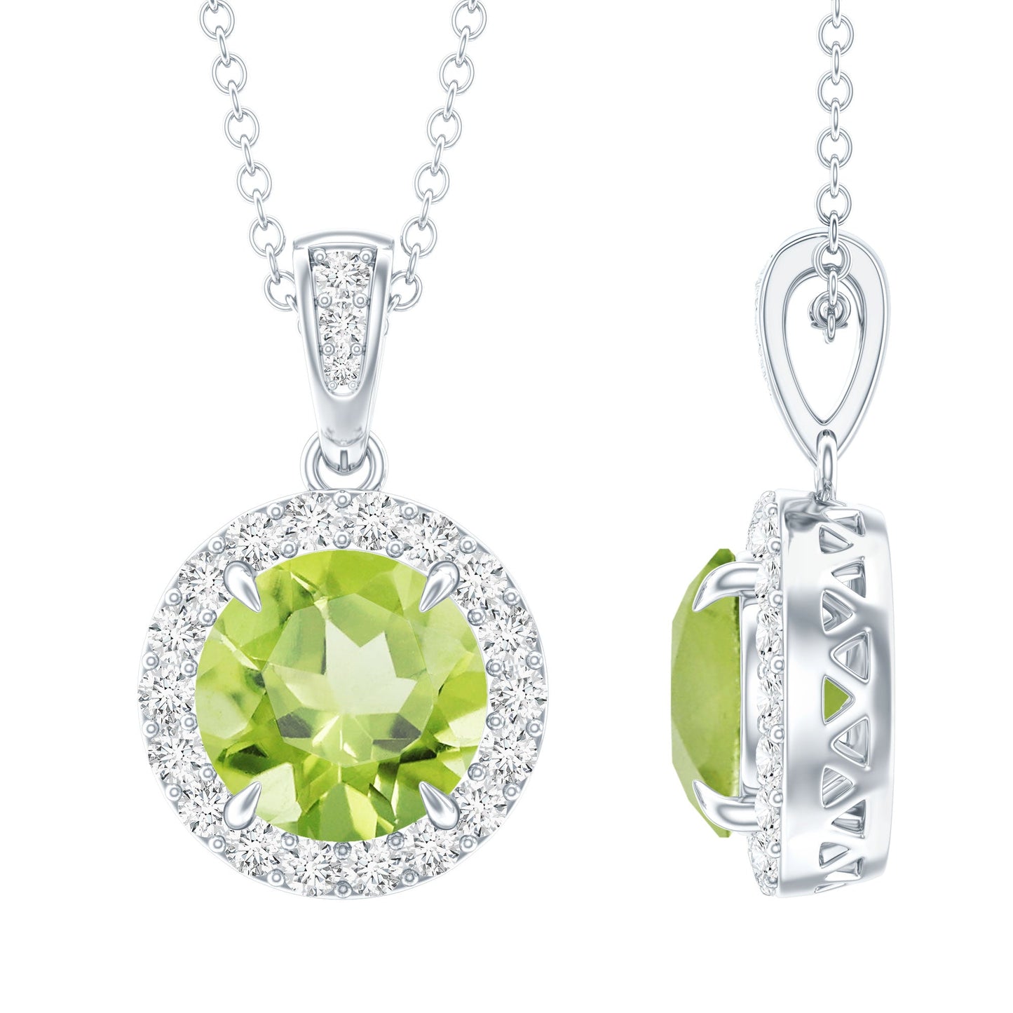 2 Carat Round Peridot and Diamond Halo Pendant Necklace