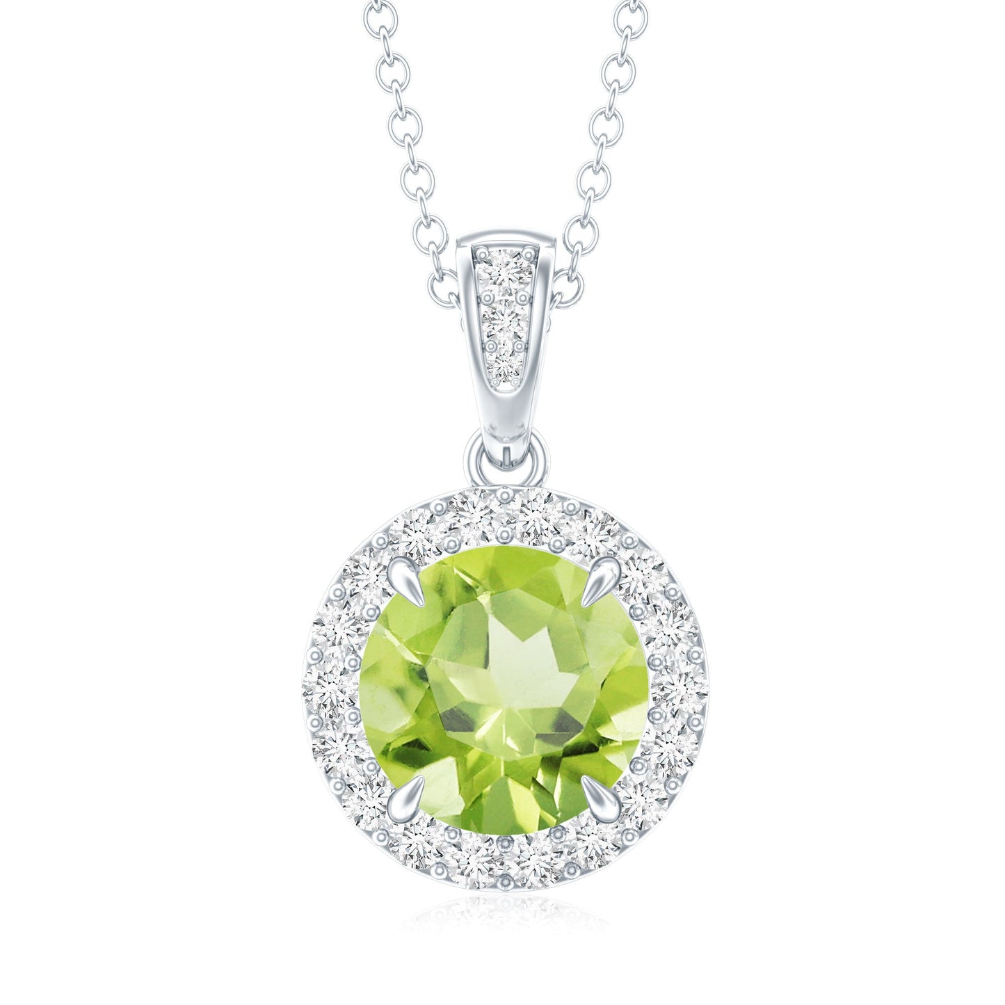 2 Carat Round Peridot and Diamond Halo Pendant Necklace