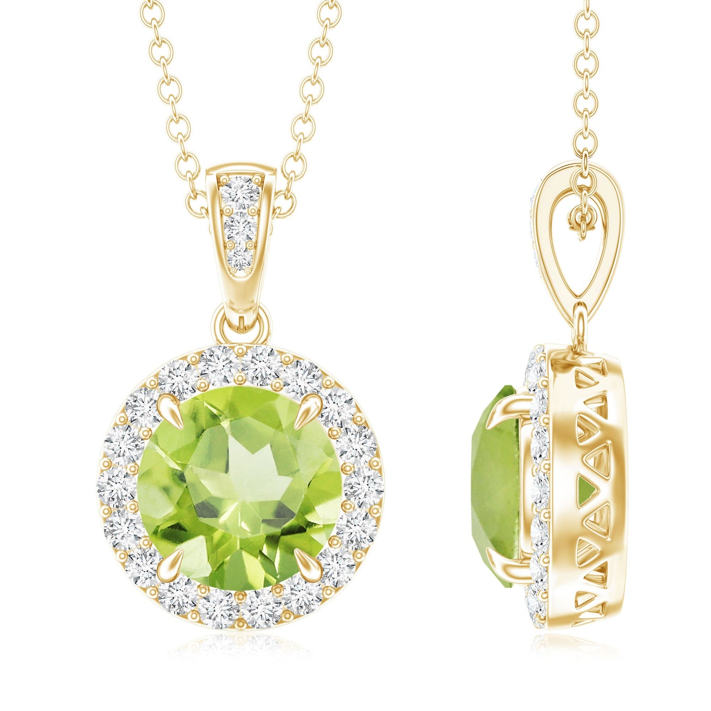 2 Carat Round Peridot and Diamond Halo Pendant Necklace