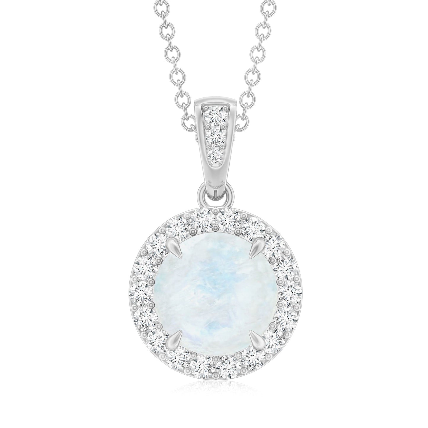 Claw Set 0.85 Carat Round Moonstone and Diamond Halo Pendant