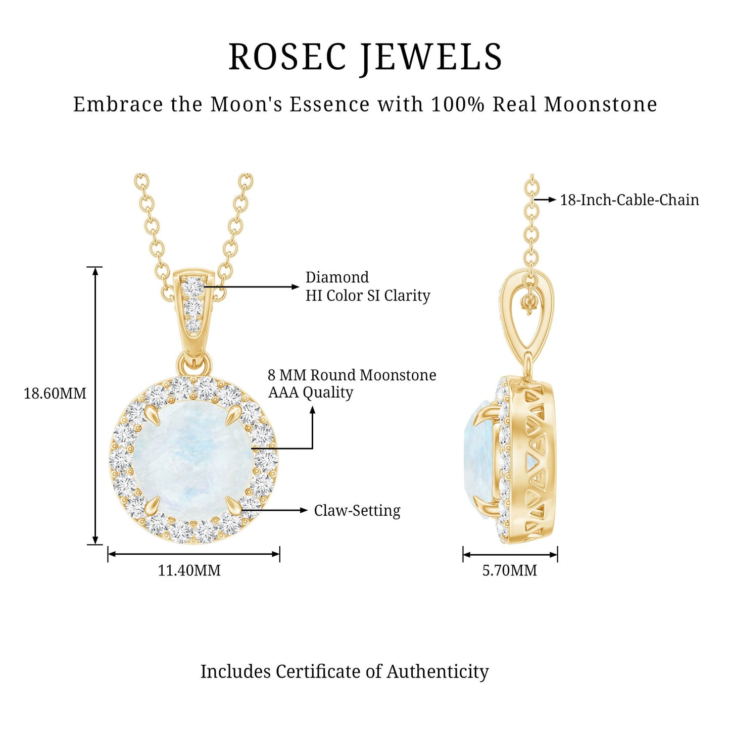 Claw Set 0.85 Carat Round Moonstone and Diamond Halo Pendant