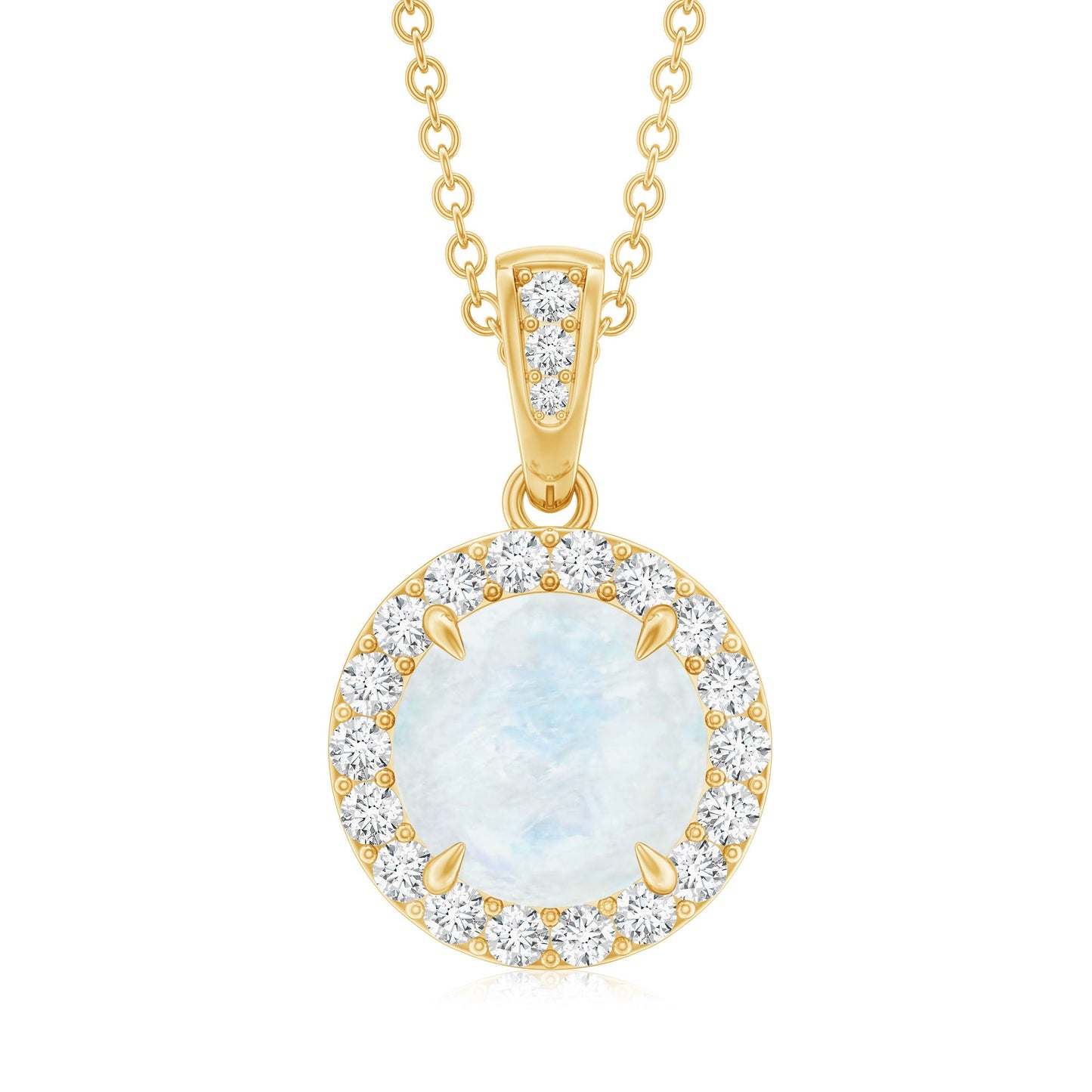 Claw Set 0.85 Carat Round Moonstone and Diamond Halo Pendant