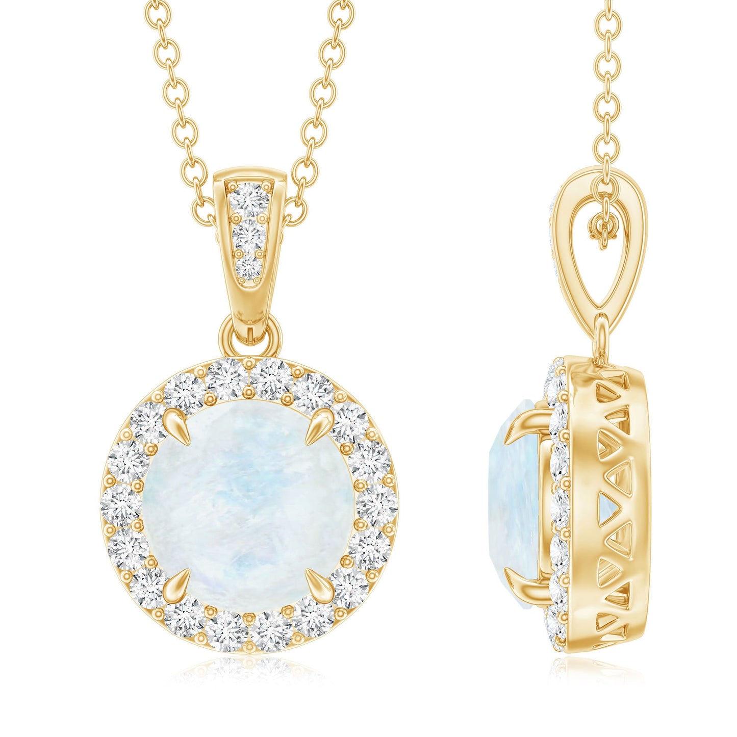 Claw Set 0.85 Carat Round Moonstone and Diamond Halo Pendant